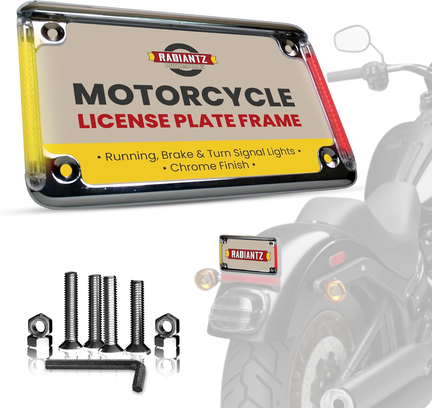 Radiantz Motorcycle License Plate Frame - Real Flex Integratorz 2 Plate Frame with Running, Brake and Turn Signal LEDs - Durable 6-Inch License Plate Frame - Stylish and Sleek Design - Chrome Finish