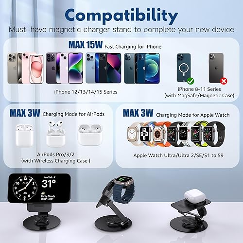 Miniatura 7 de Aukvite Soporte de carga Magsafe 2 en 1, soporte de carga seguro giratorio de 360 para iPhone 15 Pro 14 13 12, estación de carga inalámbrica
