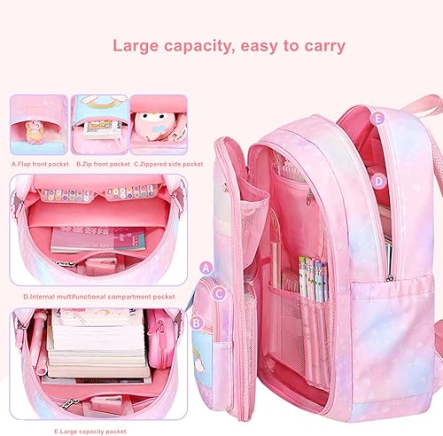 Miniatura 3 de Mochilas para niñas, mochila juvenil para niñas, mochila para niños con compartimentos, bolsa de escuela primaria para niñas, Rosado, Mochilas tipo