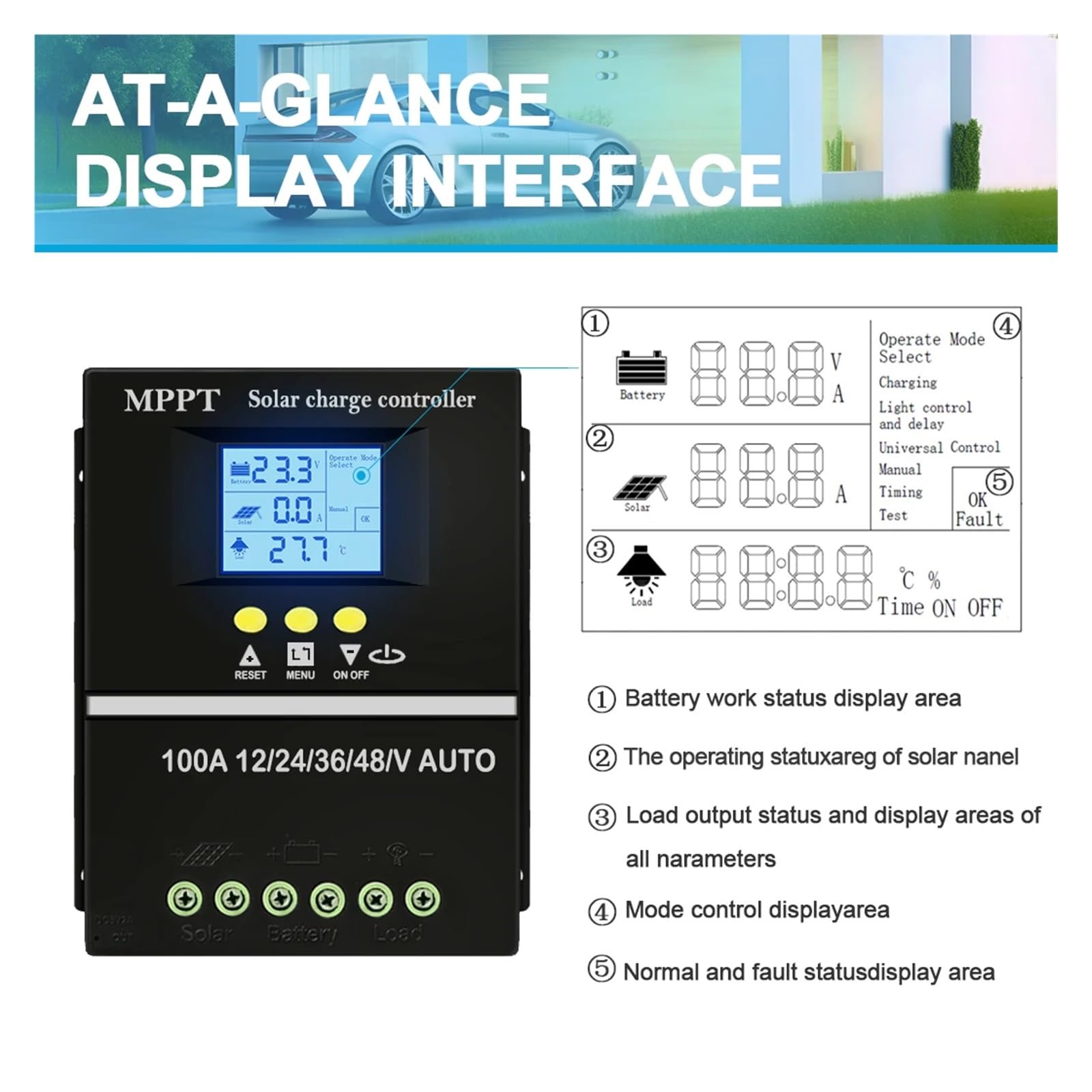 Controlador de Carga Solar MPPT, 12V, 24V, 36V, 48V, regulador Inteligente de batería de Panel Solar para Plomo-ácido/Litio(100A)