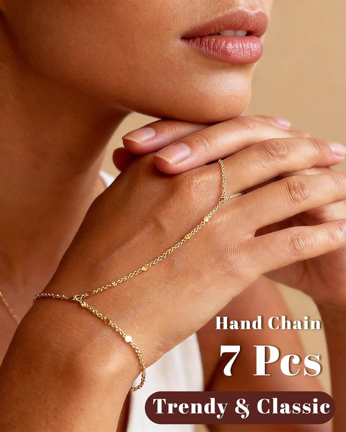 7 Pcs Hand Chain Bracelet for Women Gold Plated Dainty Stack Beaded Cubic Zircon Handchain Adjustable Ring Bracelet Hand Chains Set - Image 2