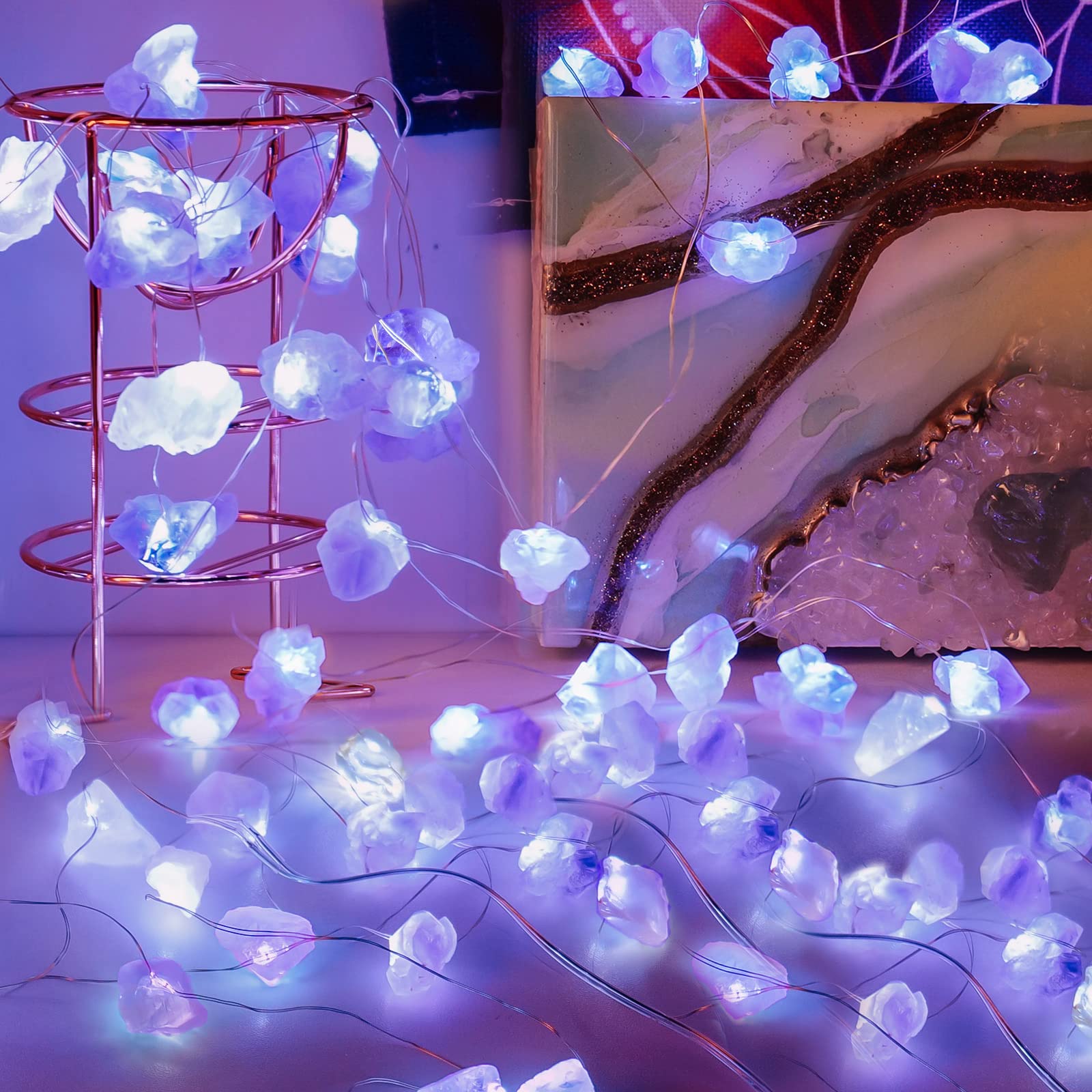 Natural Amethyst Crystal LED String Lights / 6.5ft 20LED Battery Powered Three Light Mode Christmas Holiday Lights/Indoor Outdoor Garden Decor Lights (with Backup Battery)