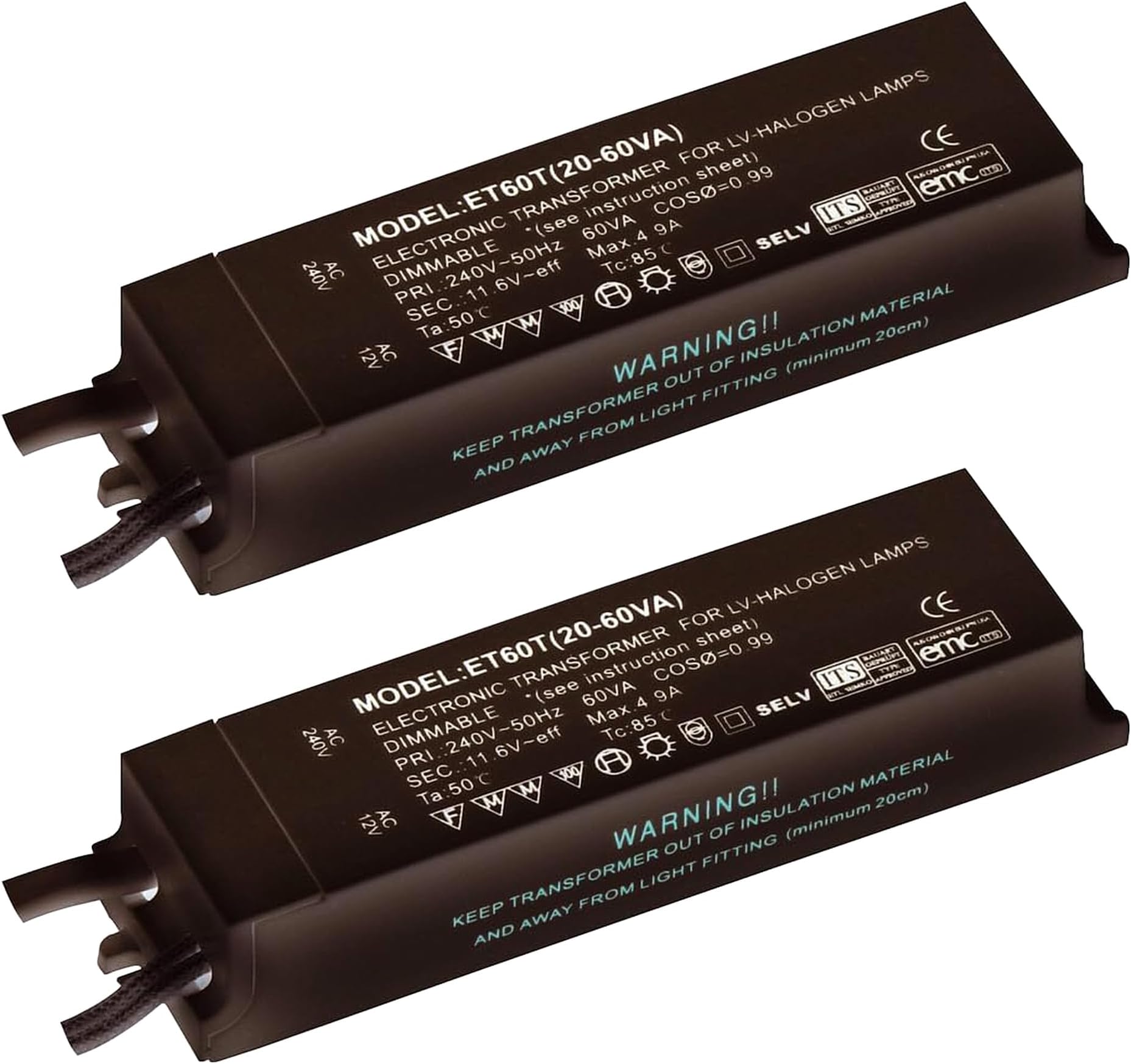 Black Finish 12V Low Voltage 20W - 60W Rated Electronic Dimmable Transformer for Halogen Lights Lamps Bulbs IP20 Rated - Pack of 2