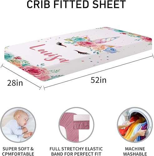 Miniatura 4 de Juego de ropa de cama personalizado para cuna con nombre para niña, juego de cuna de 5 piezas con nombre personalizado de caballo arcoíris para