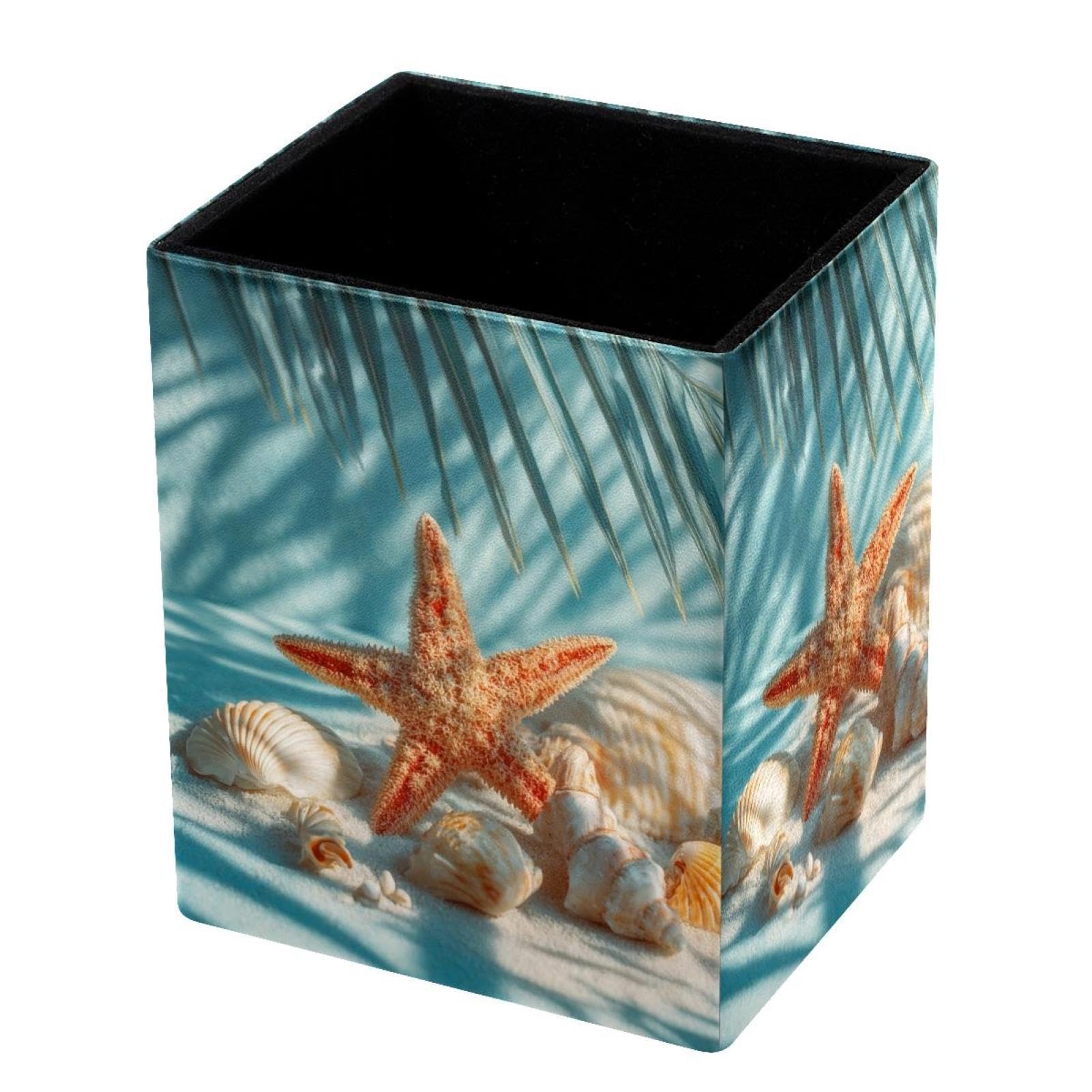 VAPOKF Pencil Holders for Desk, Palm Leaves and Starfish Printed Pen Holders Pen Pot Makeup Brushes Storage Desktop Stationery Supplies Organiser for Home Office