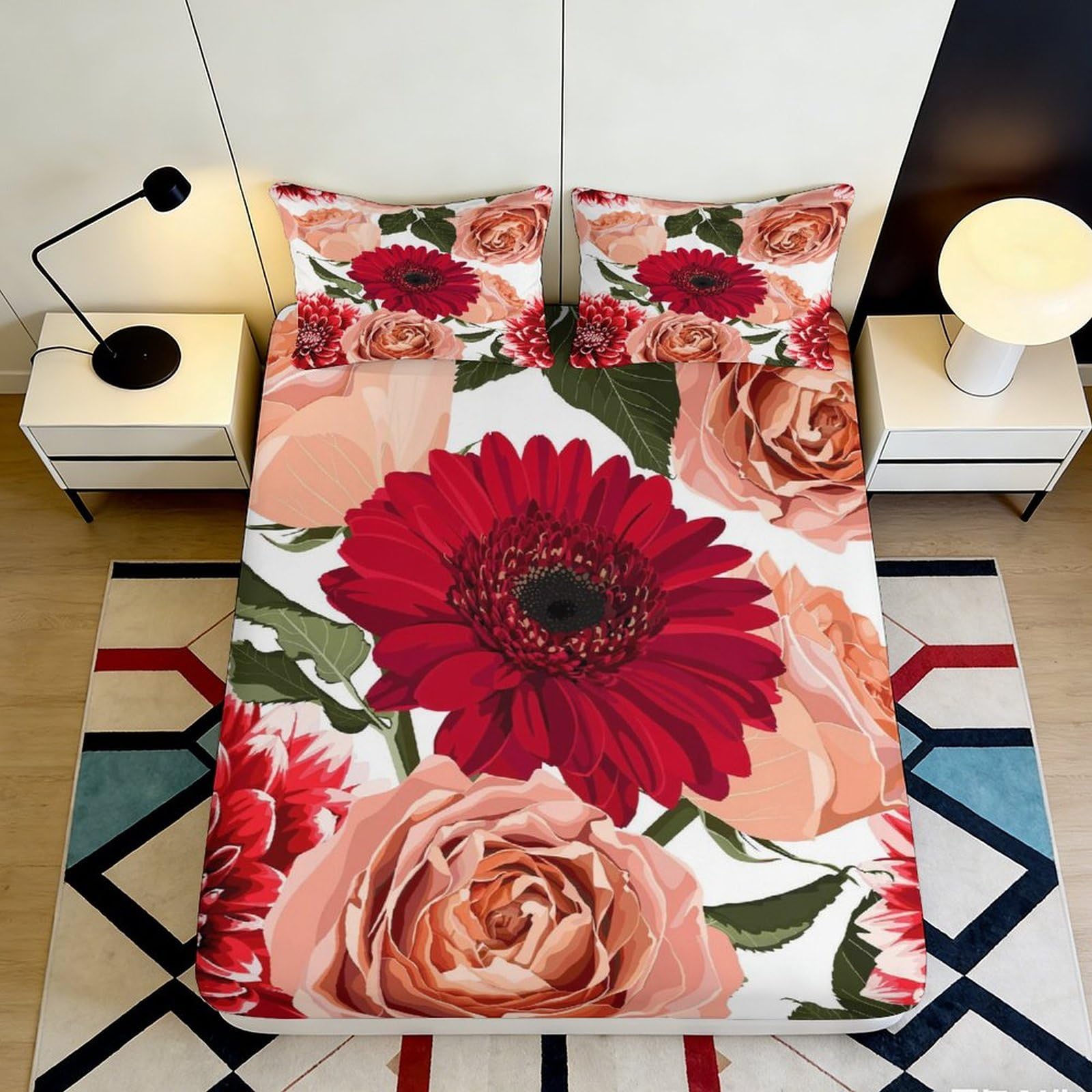 K1r3d9e5 Style-1 3D Printed Floral Rose Fitted Sheet Microfiber Soft Breathable Red Peony Mattress Cover For Bedroom Decor 90X200x25cm