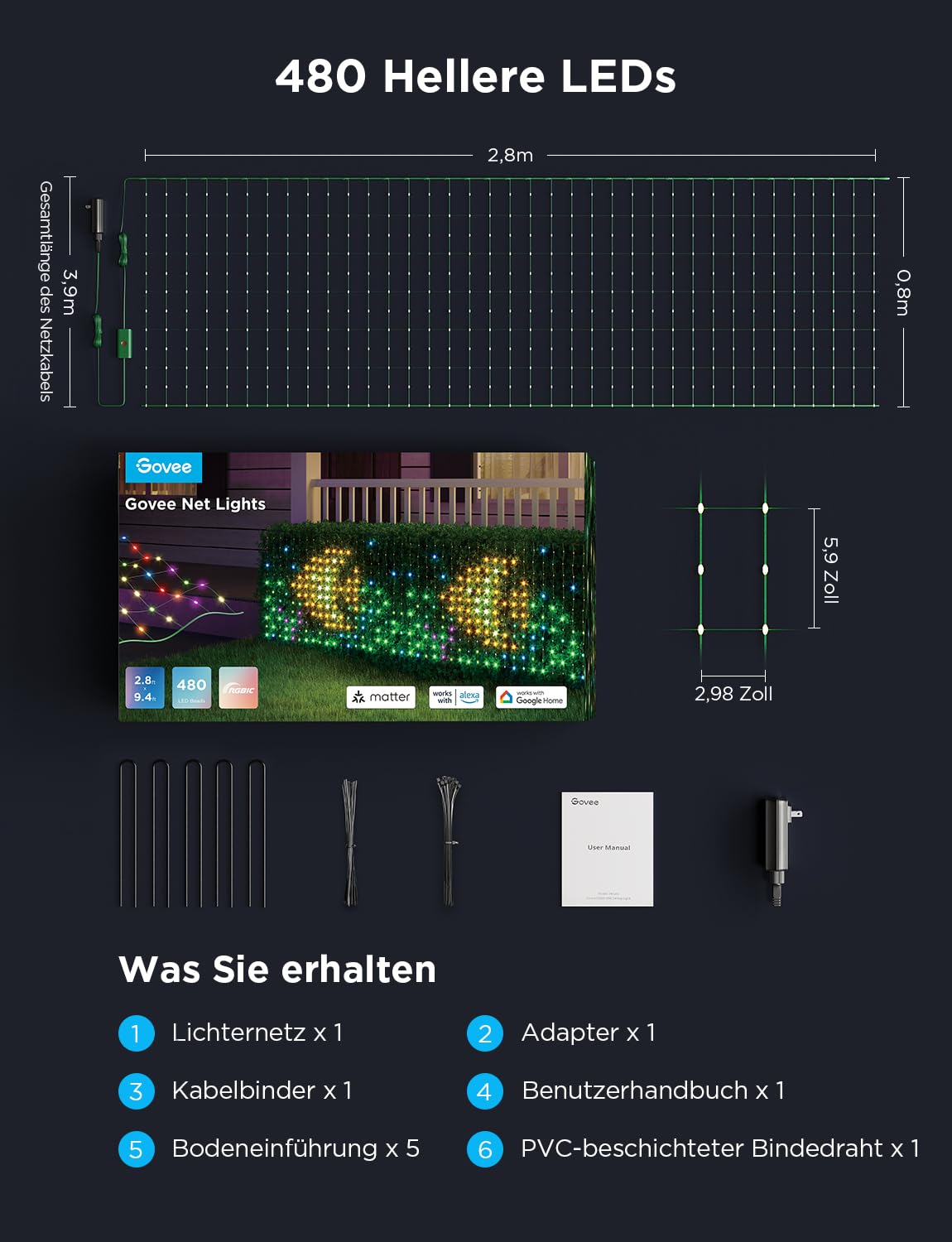 Govee Smart Lichterkette Netz für Büsche, 0,87×2,9m mit 480 LEDs für Außen | kompatibel mit Alexa und Google Assistant, Lichternetz für Außen mit Vielfältigen Modi, DIY-Funktion, Wasserdicht gemäß IP65