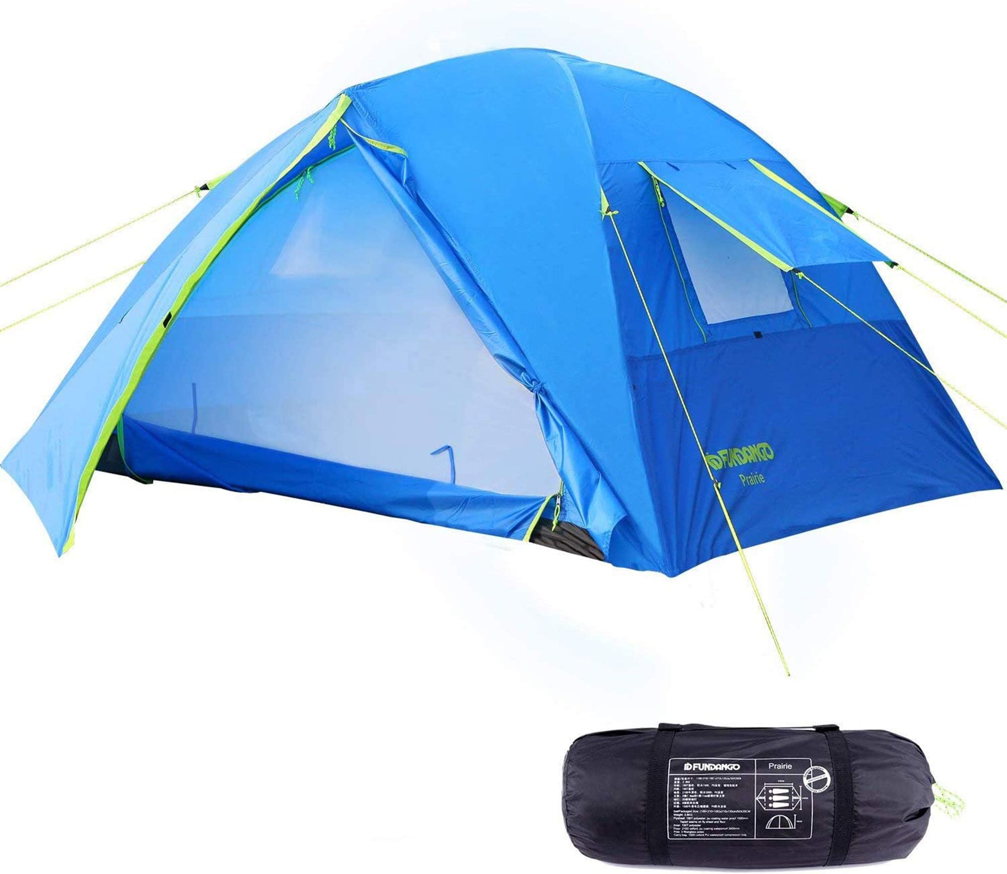 FUNDANGO 3-4 Person Camping Tent, Lightweight Waterproof Family Dome Tents for Outdoor, Backpacking, Hiking, Double Layers, 2 Doors, 2 Vestibules, 2 Side Windows, Removable Rain Fly, Easy to Set Up