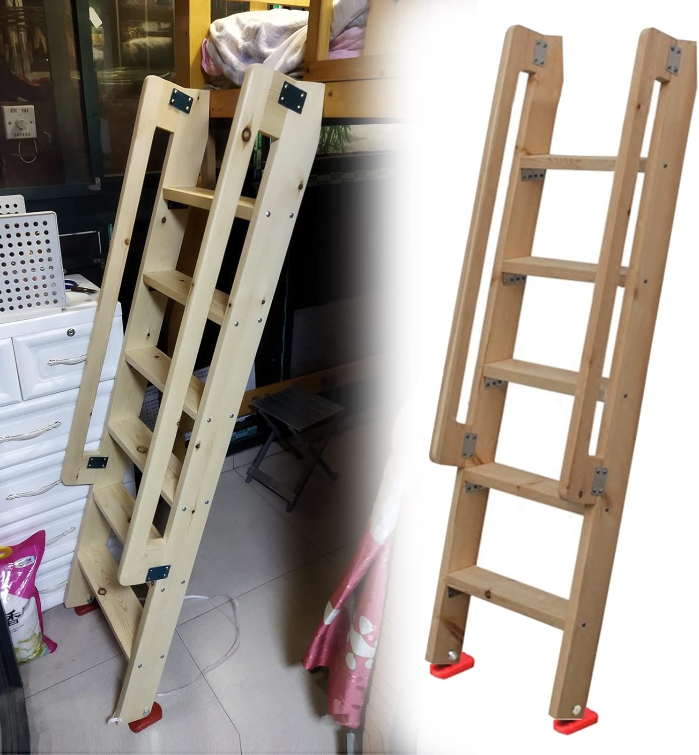 Home Dorm Rv Bunk Bed Ladder, Retro Wooden Twin Bed Bunk Ladder with Hook Bracket, Loft Kitchen Cabinet Step Ladder with Rubber Feet, 125/150cm (Size : 4 Step 125cm/49)