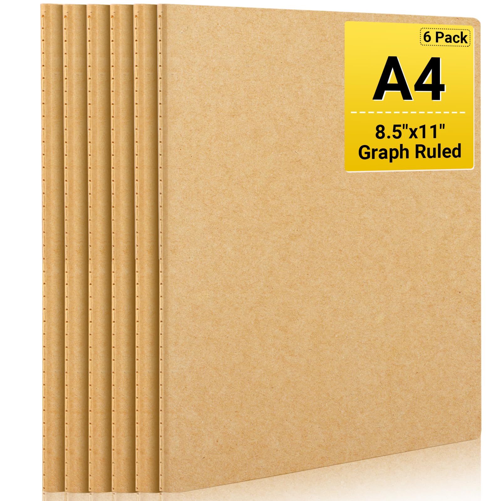 EUSOAR Graph Notebook, 6 Packs Large A4 8.5" x 11" 40 Sheets/ 80 Pages, 100gsm Thick Paper Kraft Journal Notebook, Student Sketchbook Composition