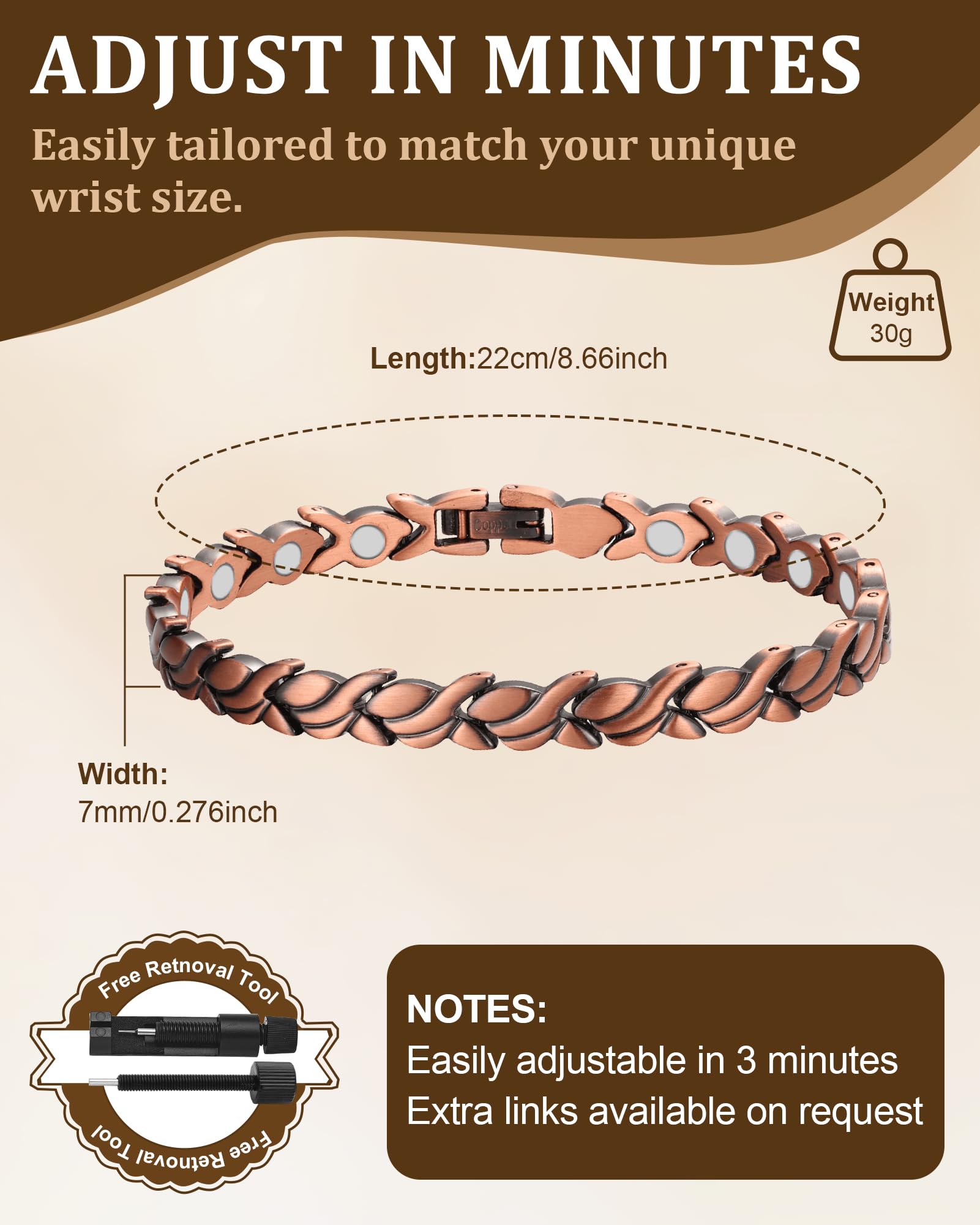 Juego de pulsera y anillo magnético de cobre puro al 99,99 % para mujer, diseño de alambre de corazón, joyería ajustable con imanes de 3800 Gauss, elegante caja de regalo