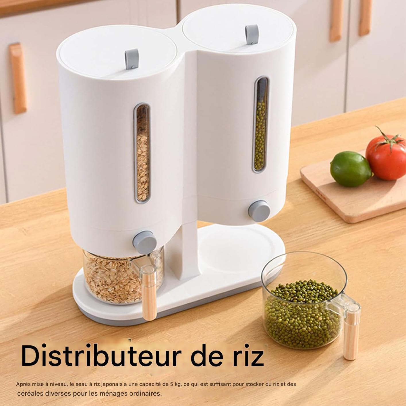 Dispensador de Granos Contenedor Alimentos Secos Granos Cereales Soja | Dispensador Arroz Doble Cubo Encimera Judías verdes, harina, avena y más para cocina, comedor, salón, despensa y