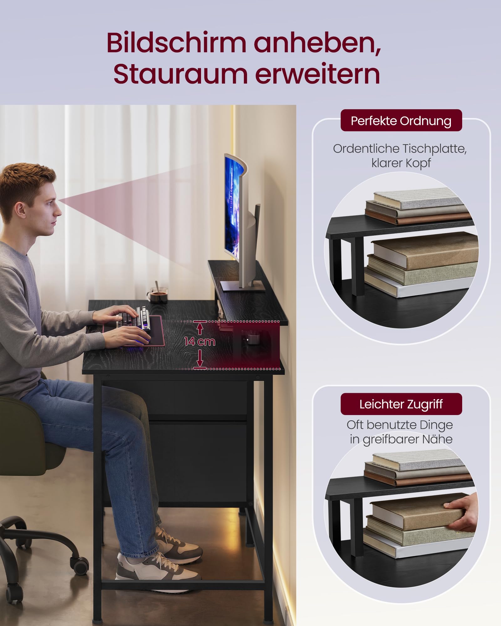 VASAGLE Gaming-Schreibtisch, mit Schubladen aus Stoff, Computertisch mit Bildschirmhalterung, Mehrfachsteckdose, 2 USB-Anschlüsse, für Heimbüro, 120 x 60 cm, Schwarz Holz LWD093B01V1