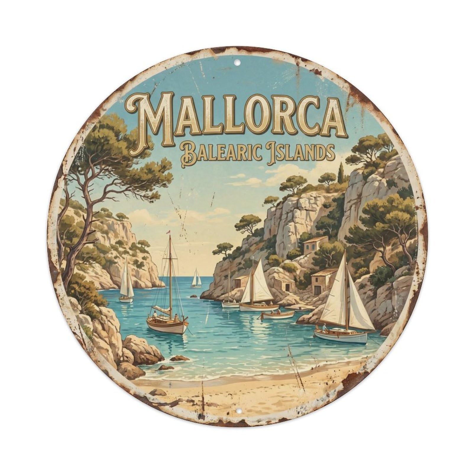 Vintage Travel Mallorca Cove Beach Metal Tin Sign Plaque Wall Decor for Cafe, Club Bar, Office, Home Garden Round Metal Poster 8x8Inch