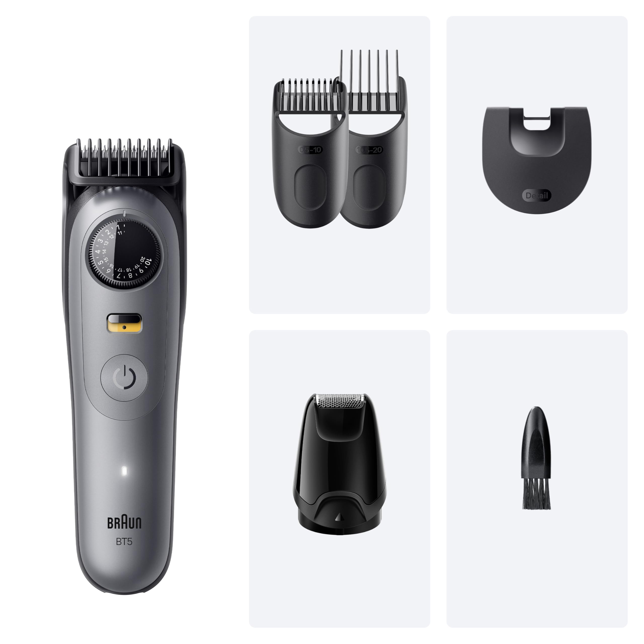 Braun Barttrimmer Series 5, Elektrischer Bartschneider Herren mit 5 Zubehörteile, Ultrascharfe Klinge, 120 Min Akkulaufzeit, Kabelloser Bartrasierer, 40 Längen, Wasserdicht, BT5525, Grau