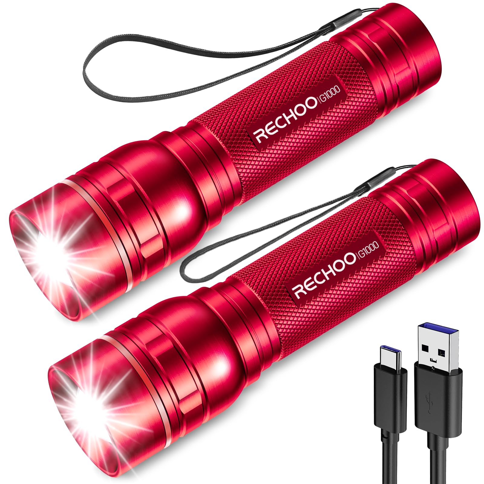 Rechargeable Flashlights — High Lumens, G1000 Super Bright Flash Light — 2-Pack Small Zoomable LED Flashlight with 3 Lighting Modes — Portable Flashlights for Camping Essentials, Gift for Women (Red)