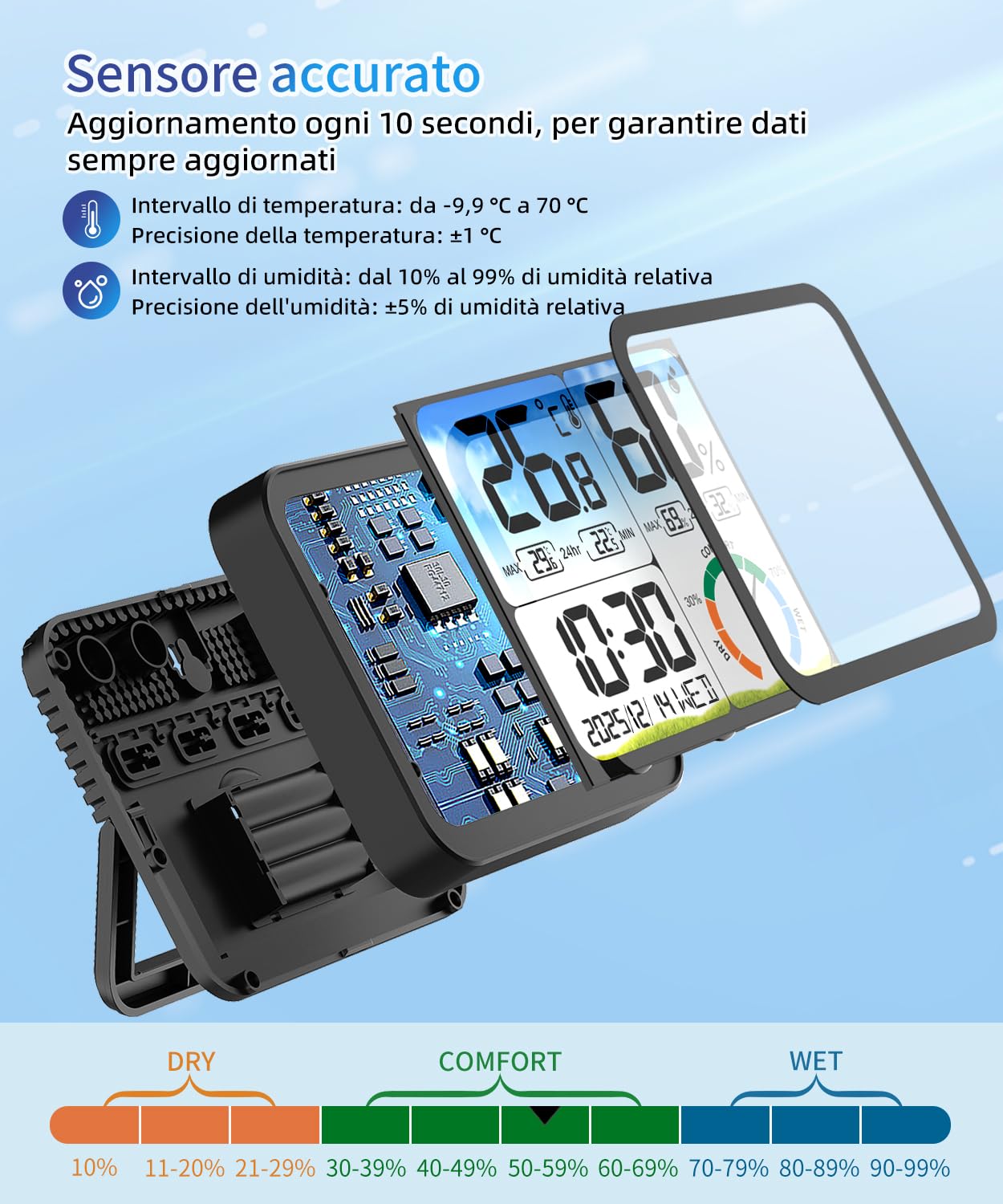 VOCOO Termometro digitale per interni – 5,8 pollici,display extra grande,misuratore di umidità accurato,termometro per ambiente con calibrazione,registrazioni max-Min,comfort,controluce,data (Black)