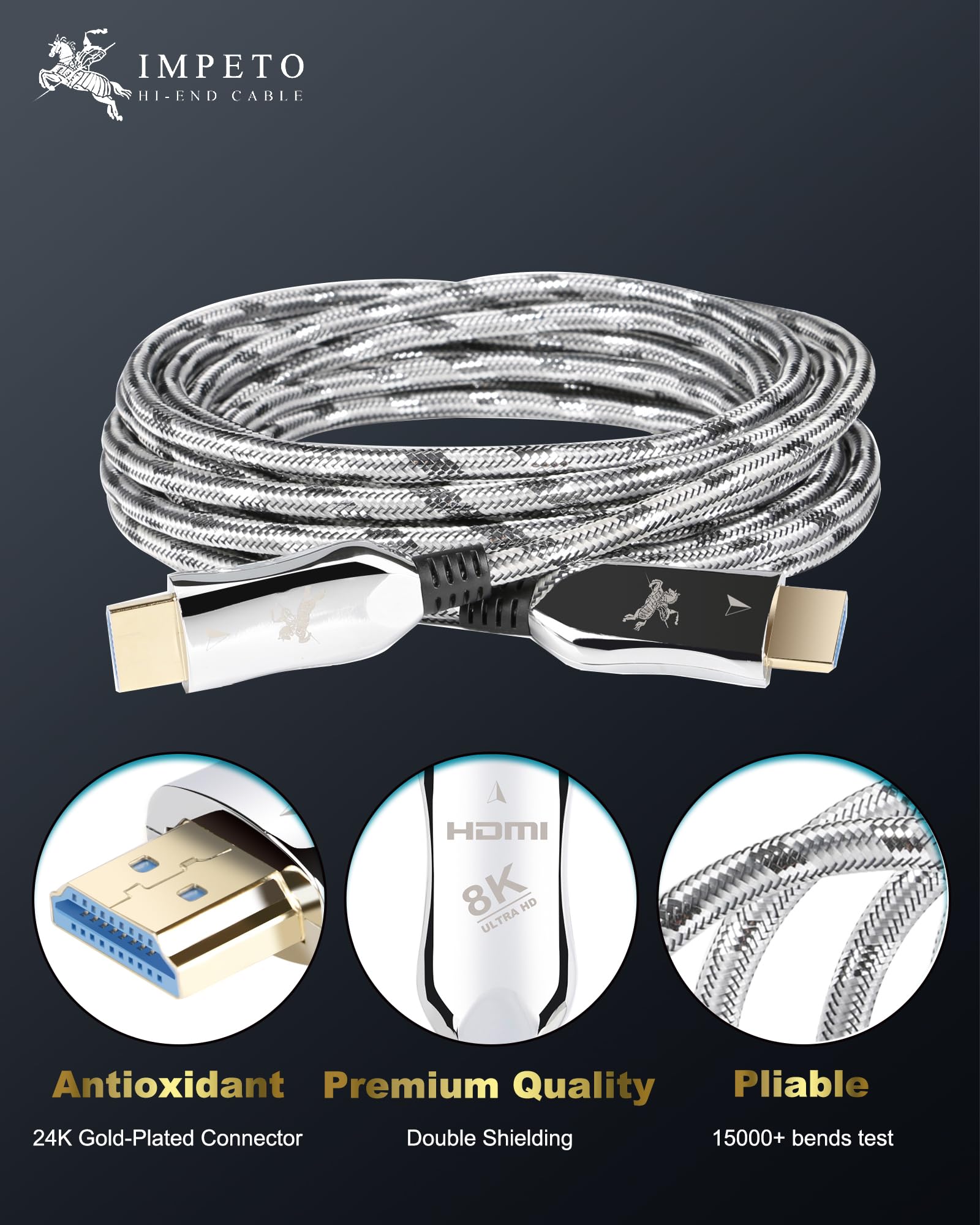 Impeto 8K Câble HDMI 2.1 Fibre Optique Cable HDMI 2.1 2m, 48Gbps 8K 60Hz 4K 120Hz HDMI vers HDMI, dynamique HDR, 3D, durable, compatible avec PS5, ordinateur portable, TV, blue-ray - 2 mètres