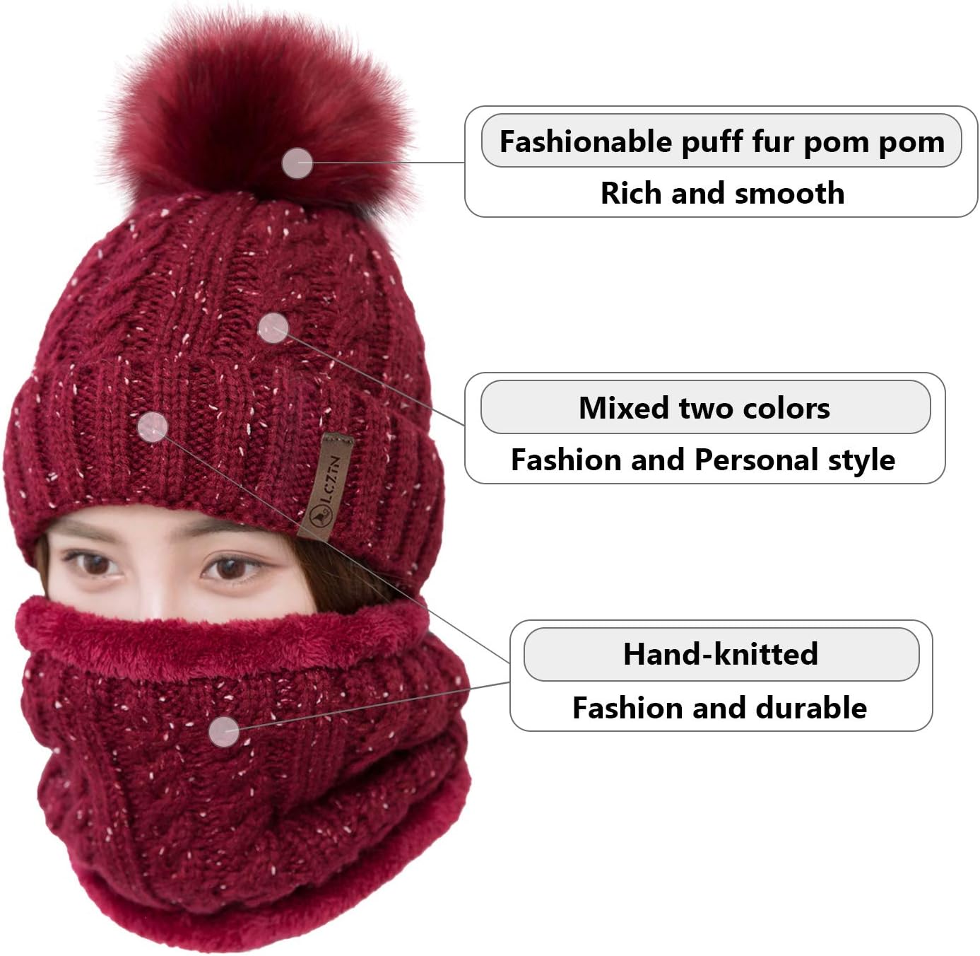 LCZTN Womens Pom Beanie Hat Scarf Set Girls Cute Winter Ski Hat Slouchy Knit Skull Cap with Fleece Lined - Image 2