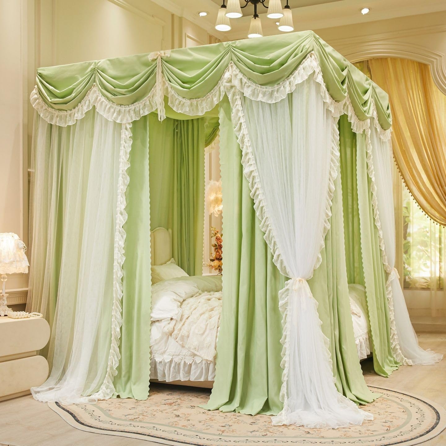 Floor Standing Lace Bed Canopy with Curtains and Mosquito Net, Three-Side Opening Bed Curtain with Frame and Top Cover(Red,W70.87 x L86.6in)