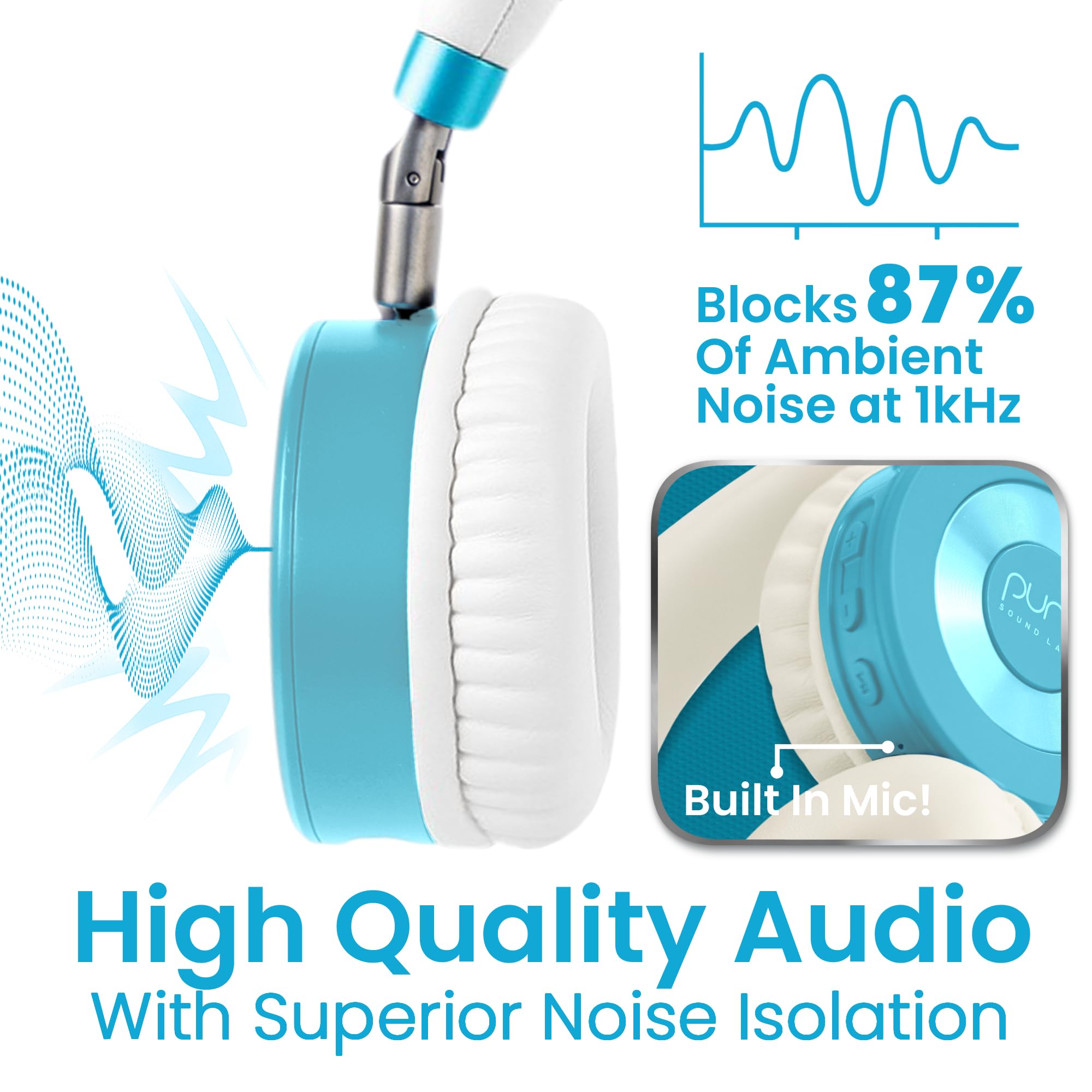 Puro Sound Labs JuniorJam Plus - Auricolari con limitazione di volume per bambini, limite di 85 dB, cuffie Bluetooth regolabili per tablet, smartphone, computer, 22 ore di autonomia
