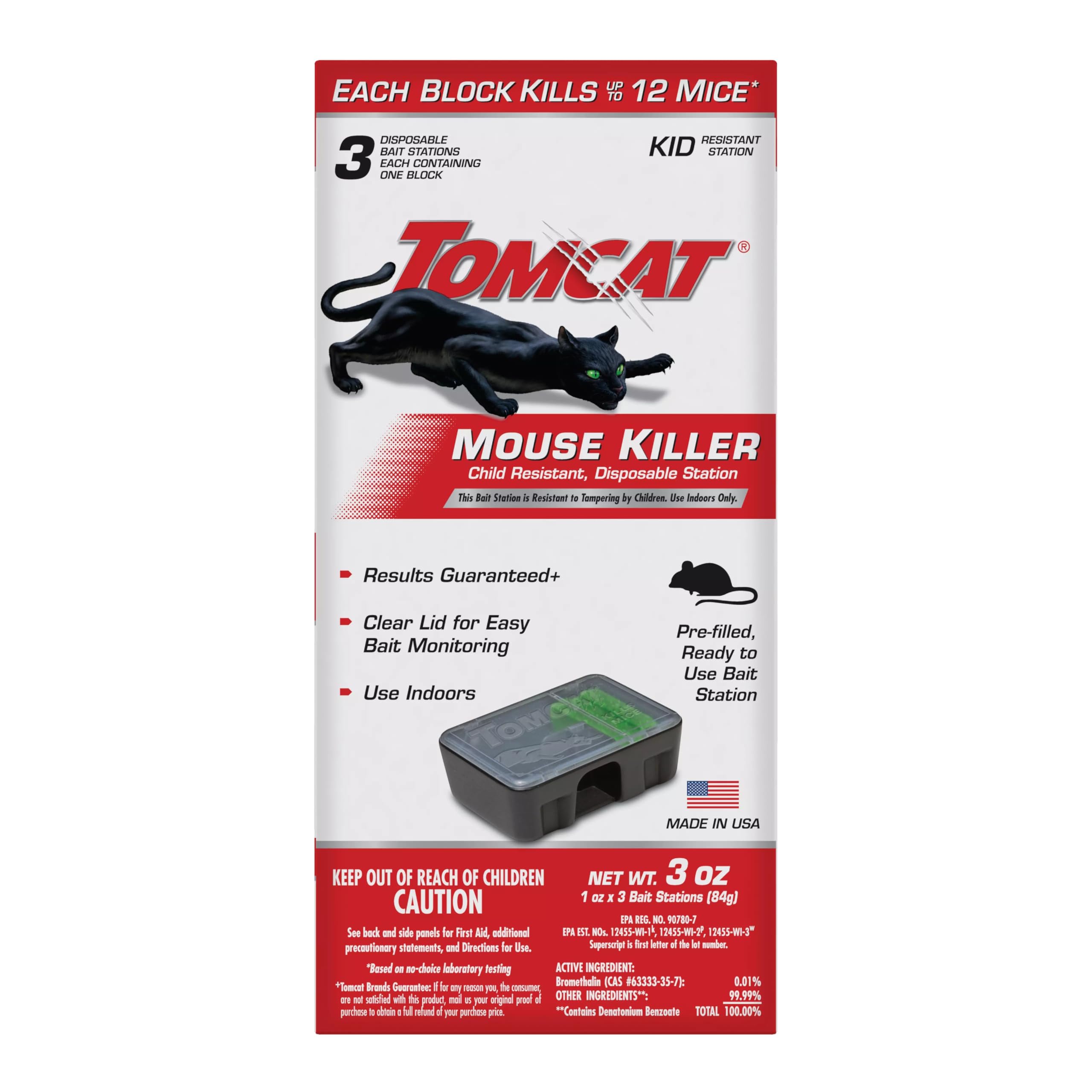 Mouse Killer Disposable Station for Indoor Use - Child Resistant, 3 Stations with 1 Bait Each