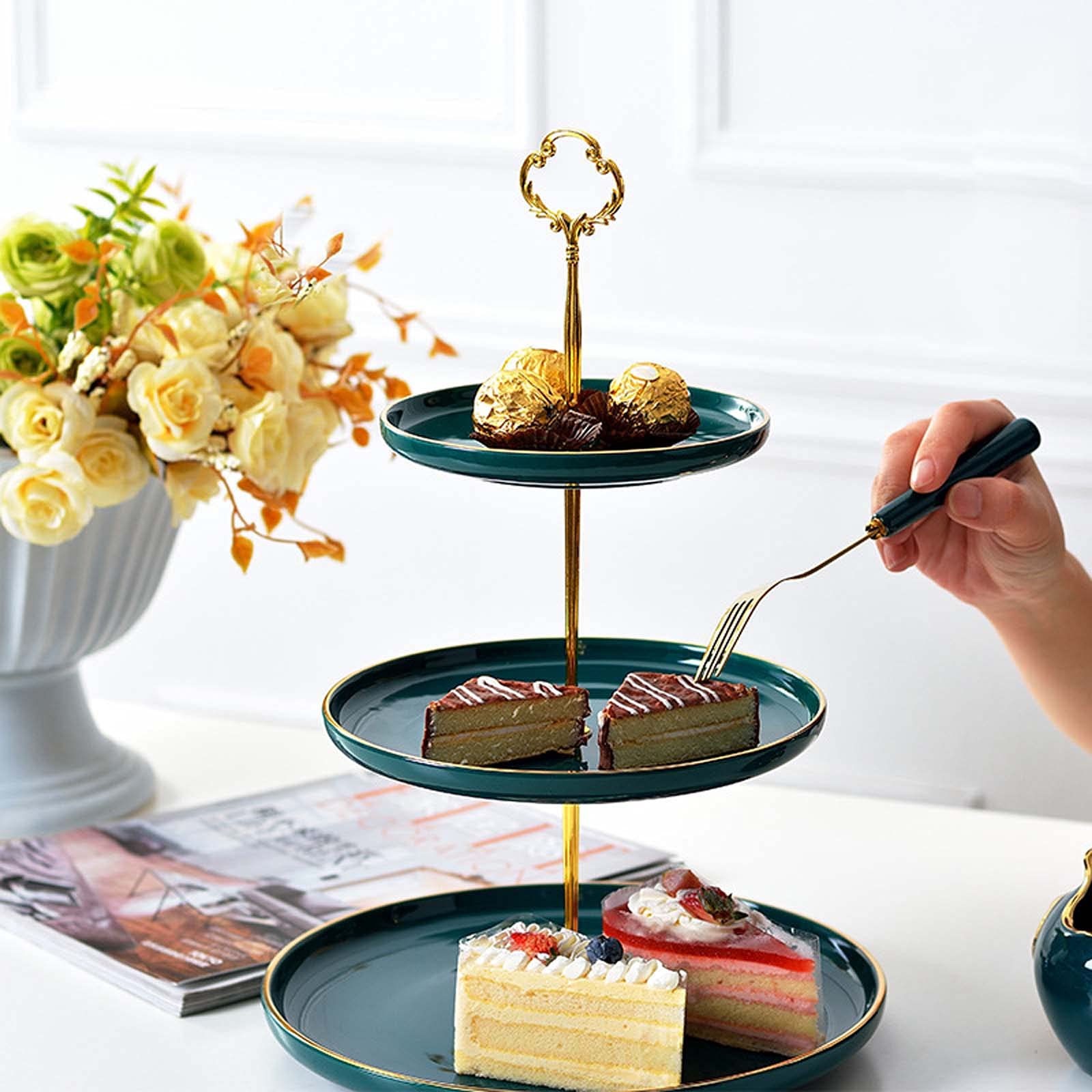 Alzata per Torta in Ceramica, Piatto per Esposizione di Dolci e Frutta, Supporto per Cupcake e Dessert a 2/3 Livelli per Decorazioni per la casa per Matrimoni, tè, Feste di complea