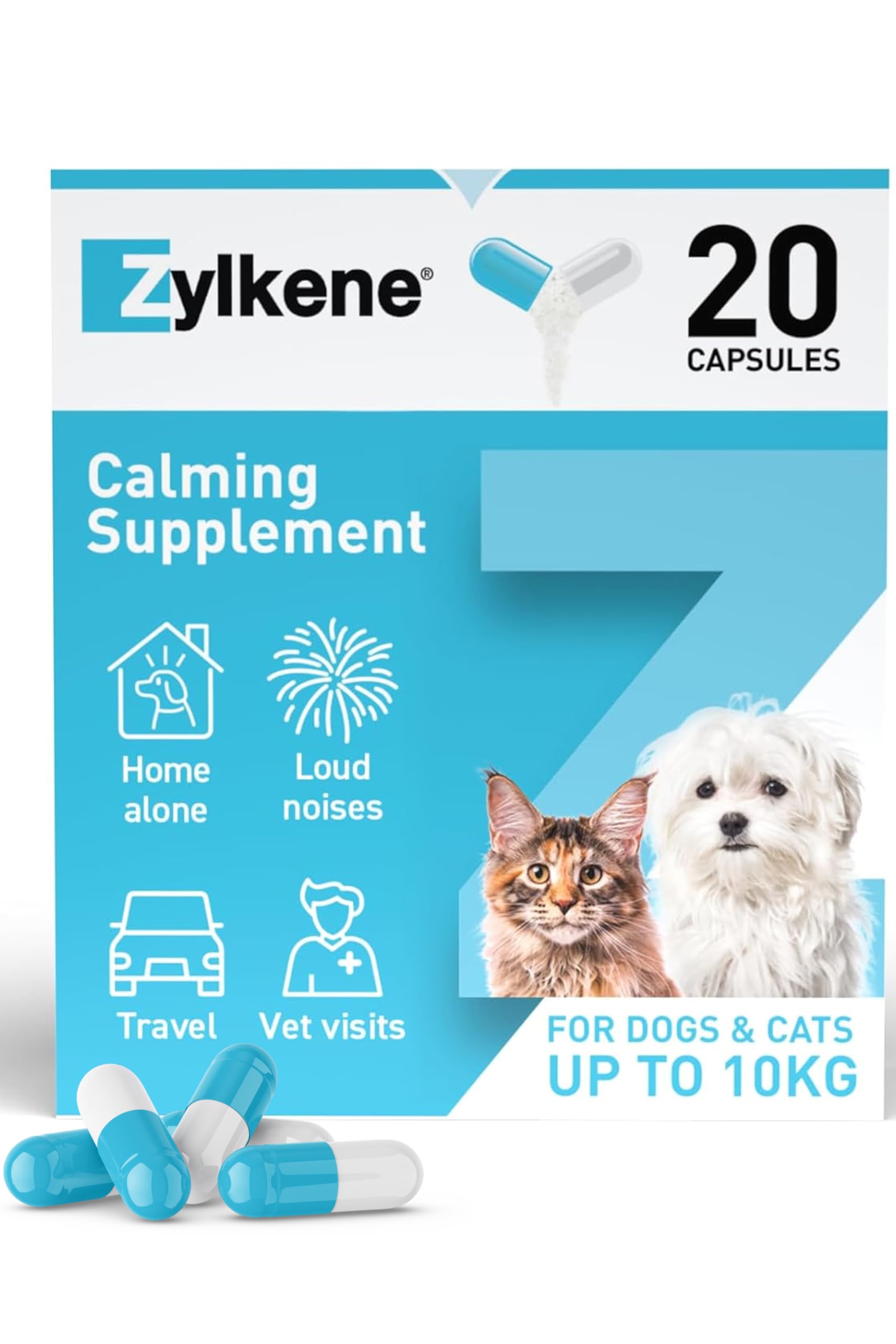 Zylkene Calming Supplements for Cats & Dogs up to 10kg 75mg | Promotes Relaxation | Helps Pets cope with Short-Term challenging situations: Loud Noises | Easily Administered | 20 CapsulesZylkene Calming Supplements for Cats &…