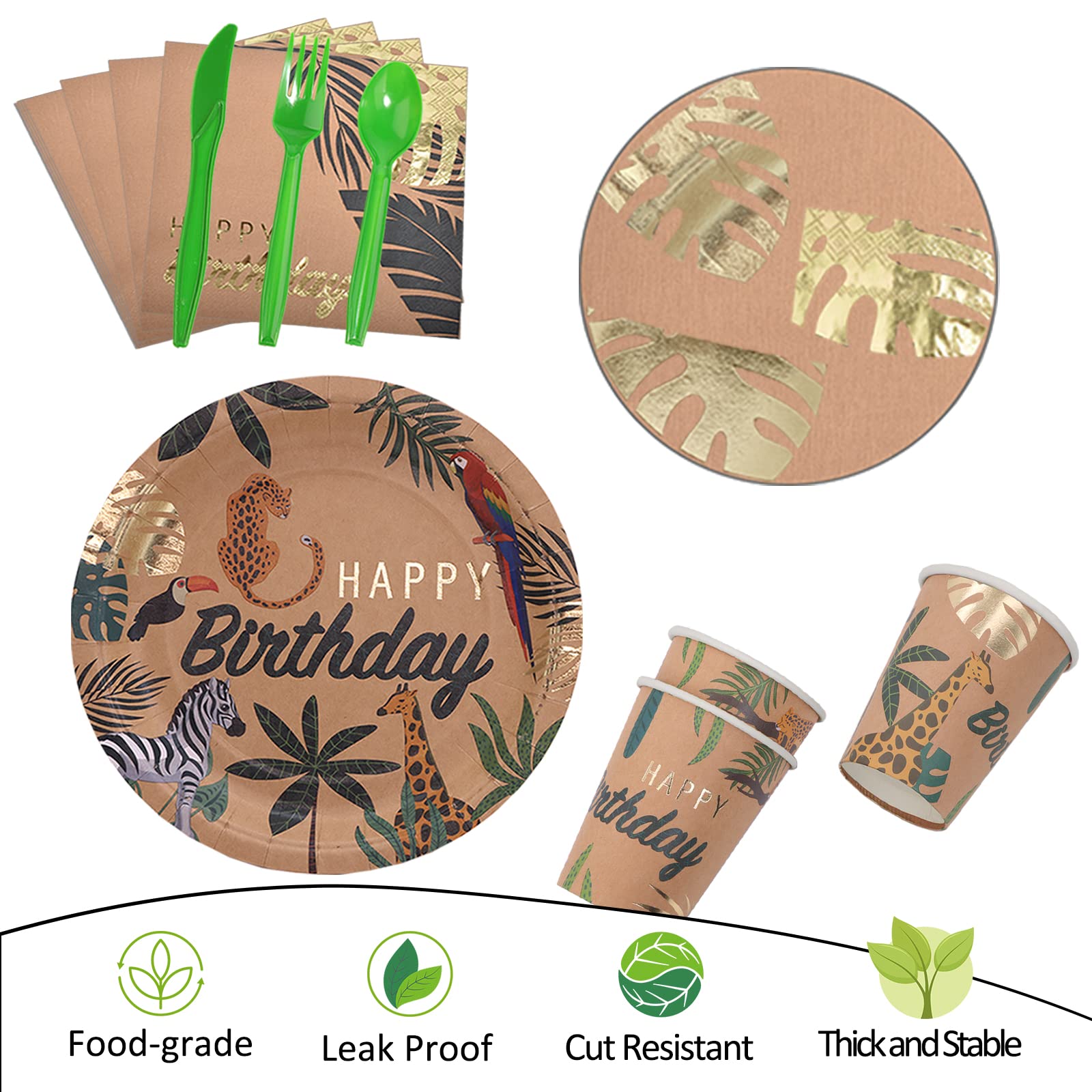 DYLIVeS Safari Jungle Birthday Party Supplies Tableware, Zoo Theme Gold