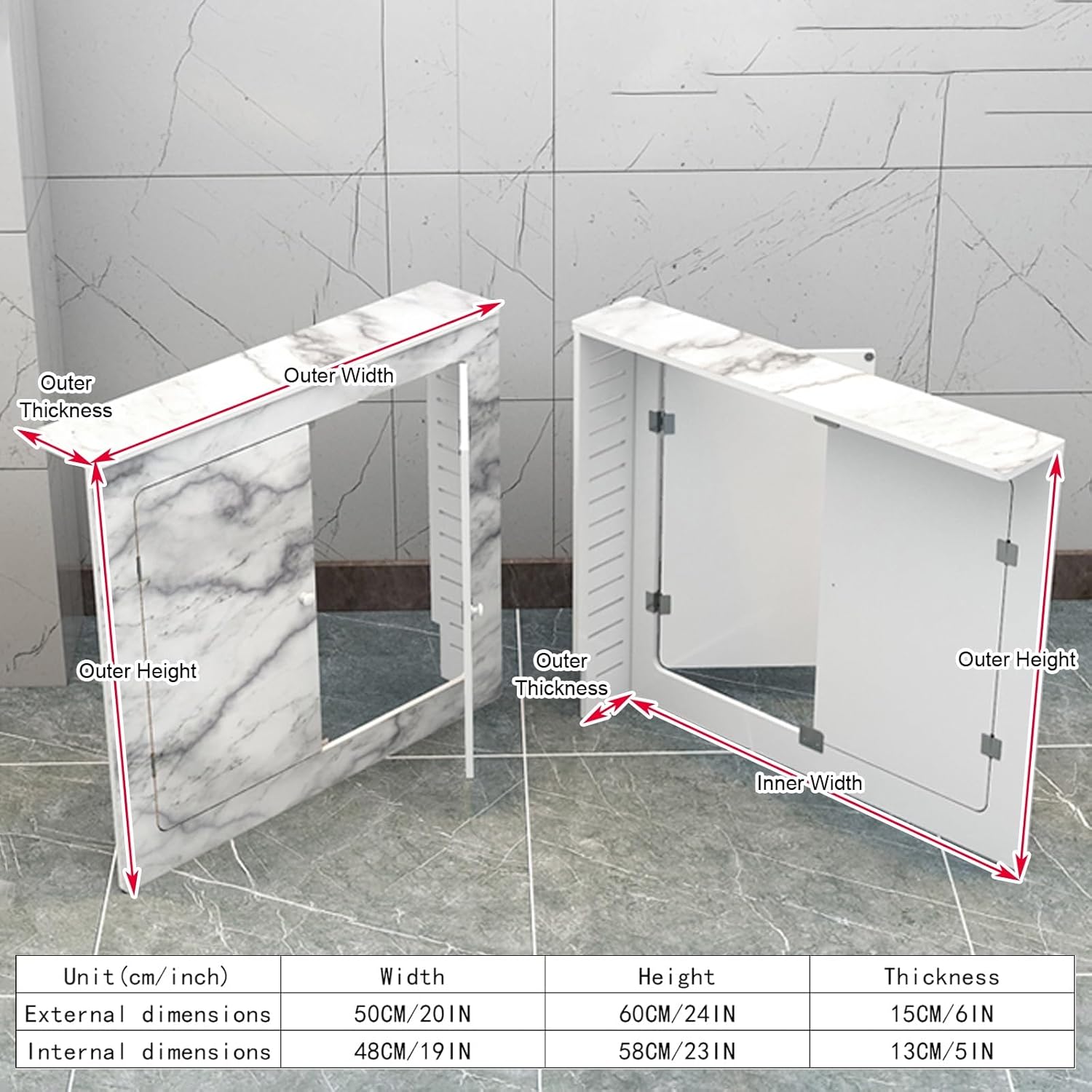 Radiator Cover Cabinet, Thickened PVC Wood-Plastic Board, Tool-Free Assembly, Pipe Decorative Cover with 2 Doors, 3-Sided Protection for Apartment Home Villas Hotel(50x60x15cm/20x24x6in)