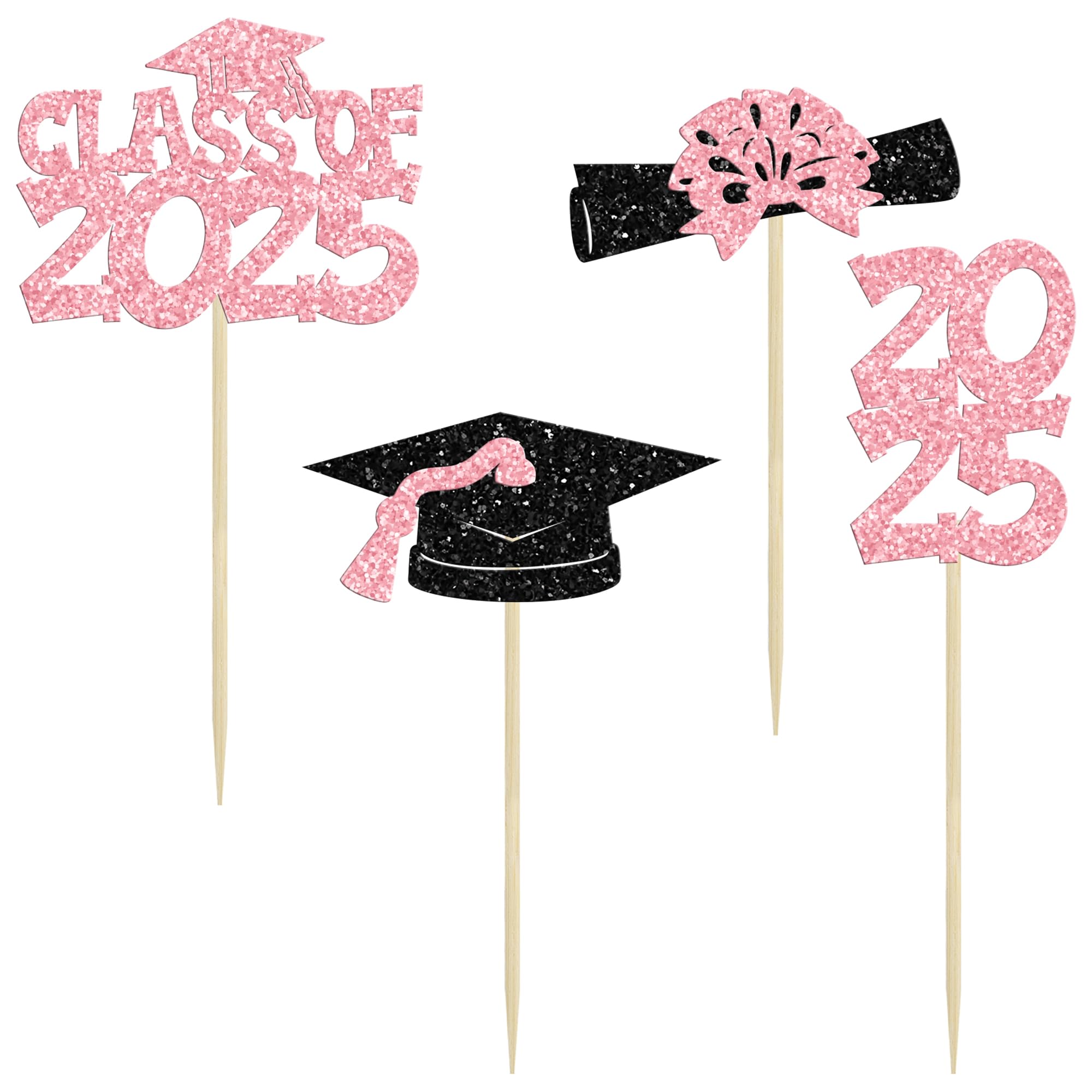 Ephlyn 36Pcs 2025 Graduation Theme Cupcake Toppers Glitter Class of 2025 Congrats Grad Diploma Graduation Cap Cupcake Picks for 2025 Graduation Theme Party Cake Decorations Supplies Pink - Image 3