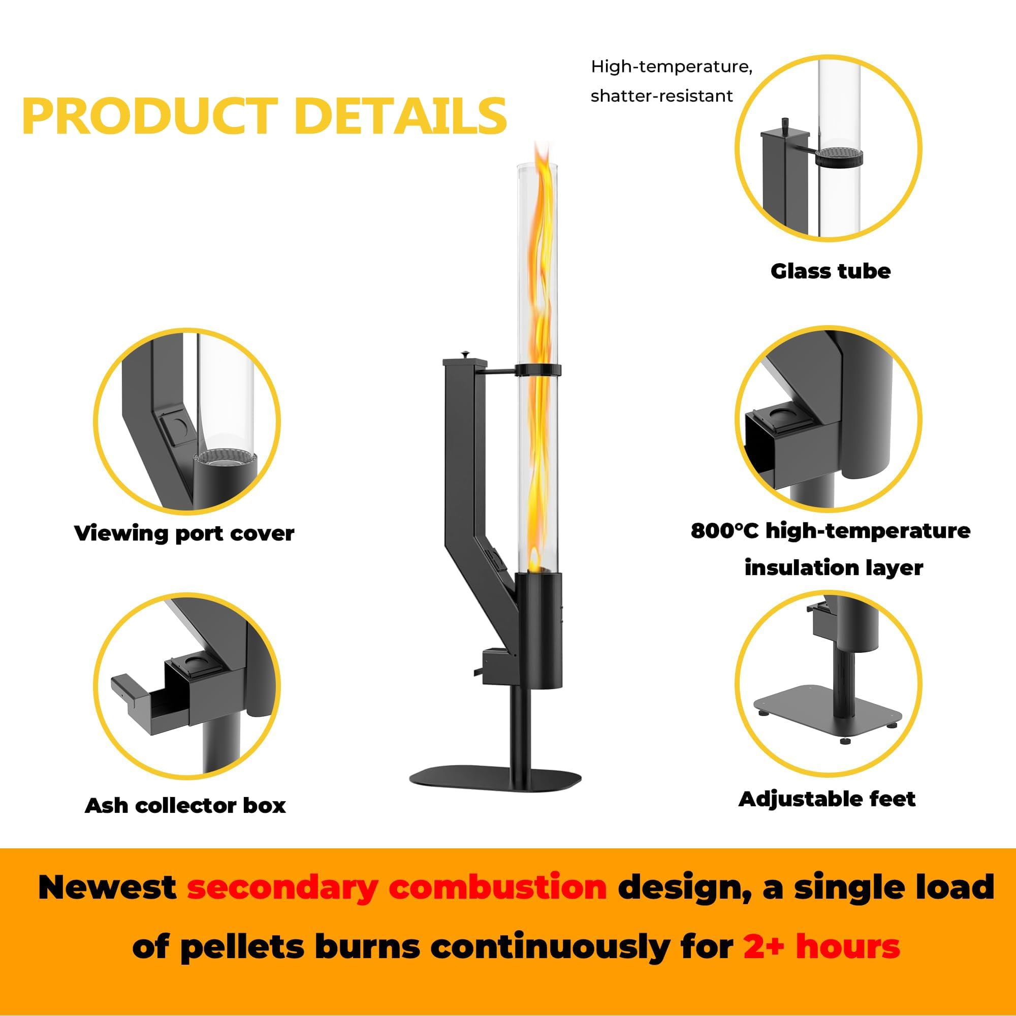 Estufa de pellets para fogata, torre de llama de tubo de vidrio de 72 pulgadas para exteriores, para fiestas de fogatas, jardín, camping y patio trasero