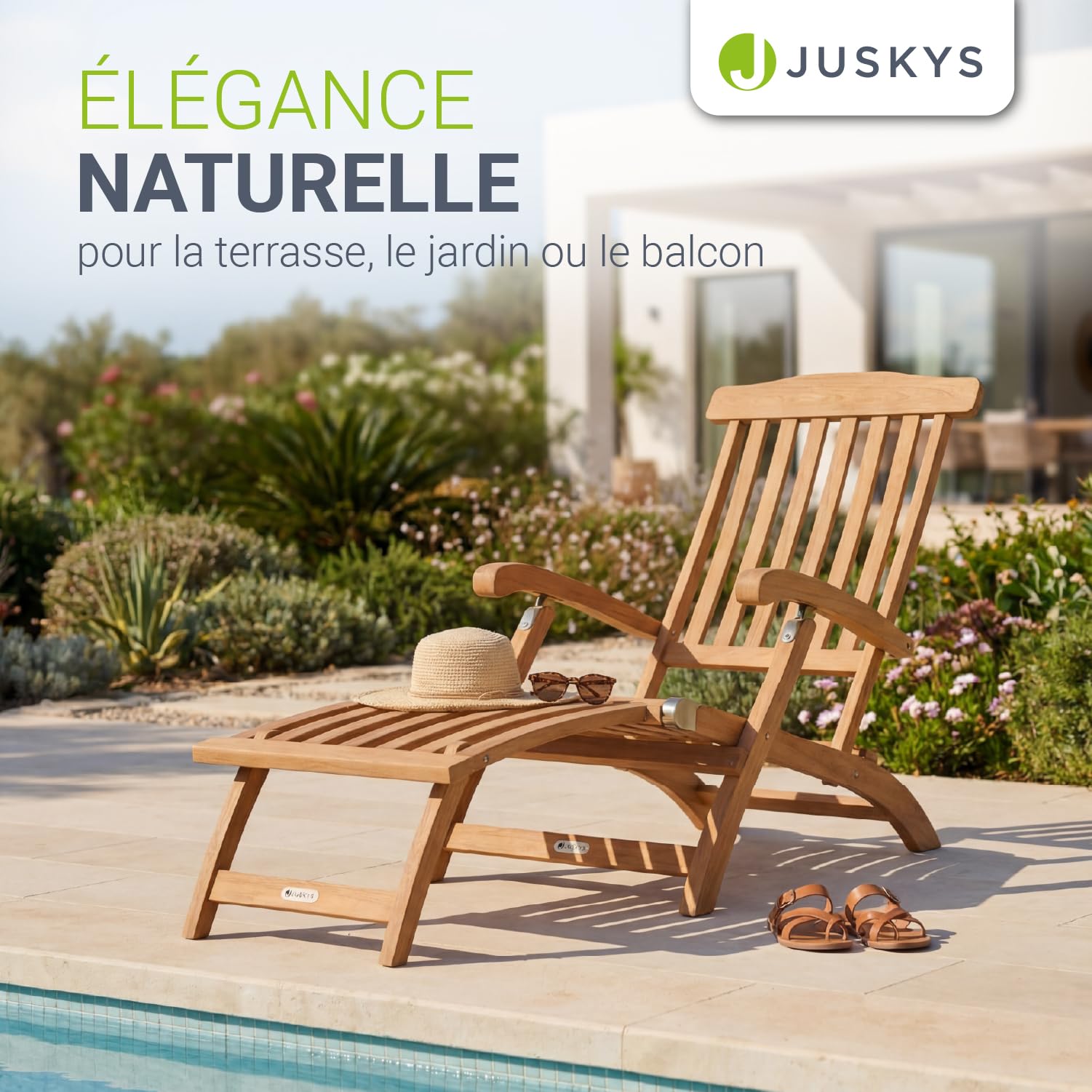 Juskys® Chaise Longue Evia - Pliable pour Le Jardin et la terrasse, en Bois d'acacia huilé pour Un Aspect Naturel et Une Longue durée de Vie, 196 x 54 x 95 cm, Couleur Naturelle