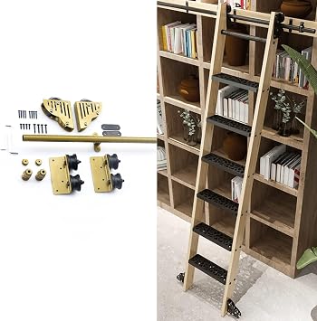 Gold Sliding Library Ladder Metal Rolling Ladders with Bottom Brake Wheels Kit for Home, Loft, and Book Shelves No Ladders16ft/488cm Track kit