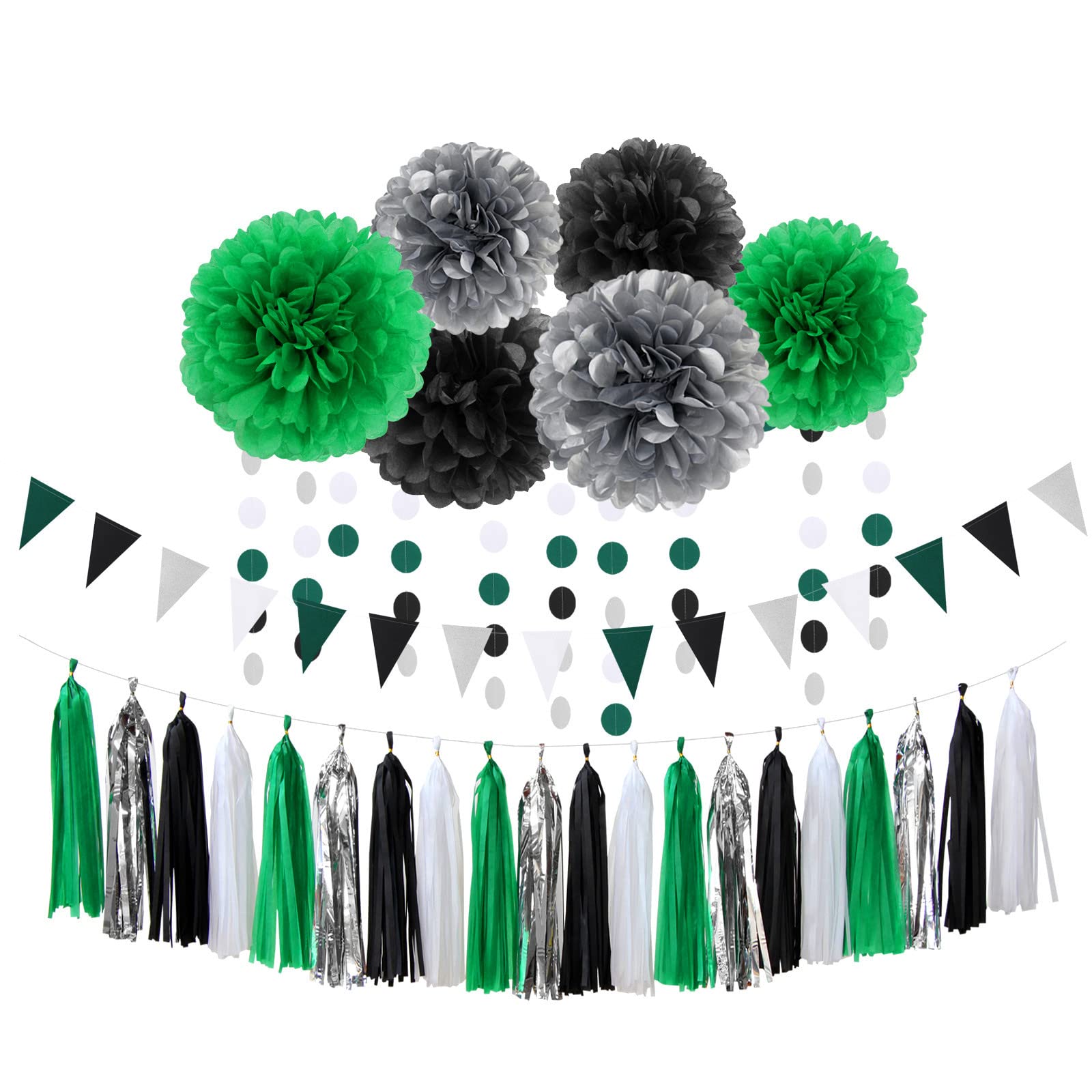 Black Green Silver Football Party-Decorations - 30pcs Soccer Graduation Streamers,Tissue Pom Poms,Tassel Garland Backdrop Men Boys Birthday Spring Sunmer Bunting Jungle theme Banner Lasting Surprise