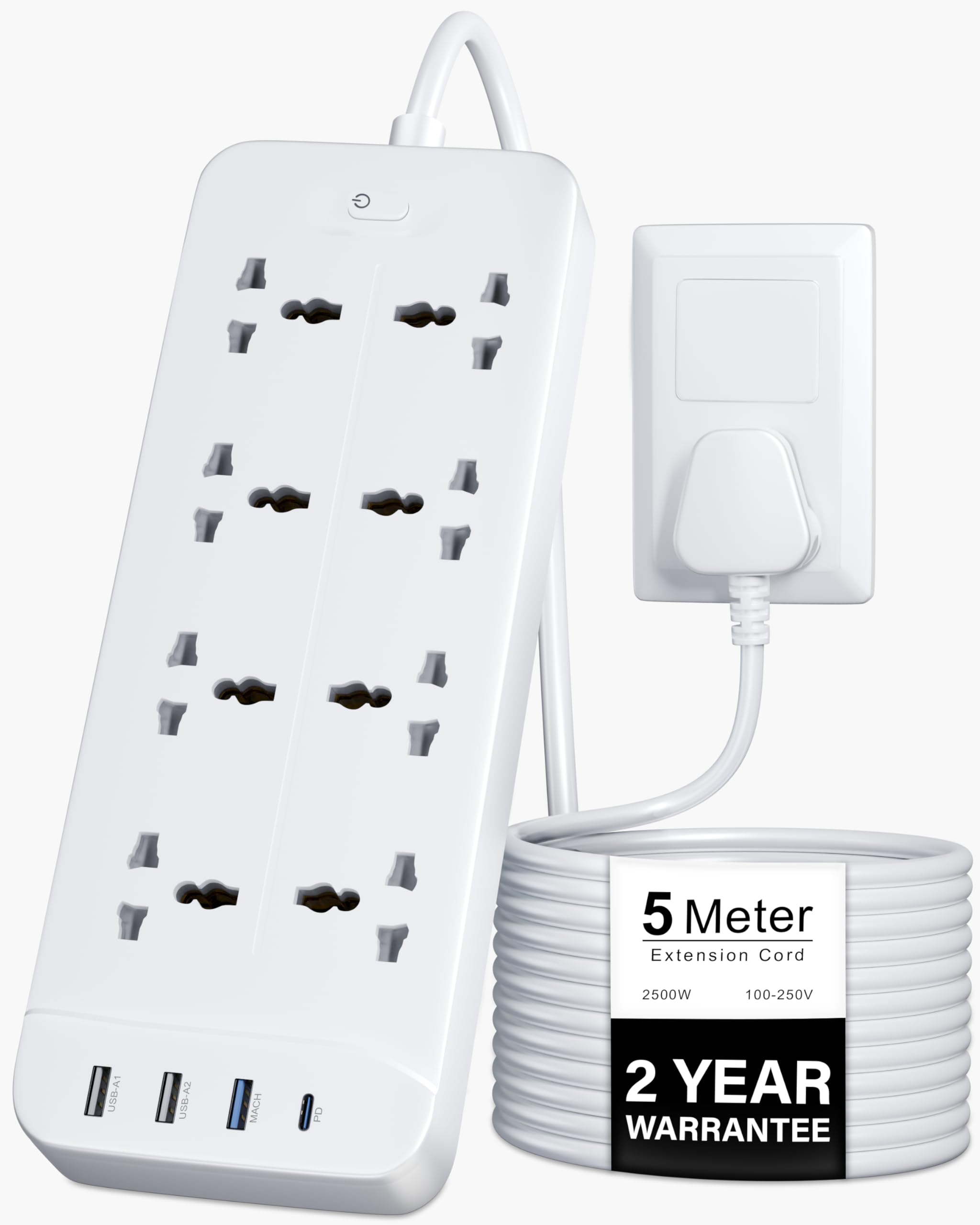 FEDUS Surge Protector, 8 Universal Sockets with USB Port Type A & C, 5 Meter 16 Feet Long Cable, Extension Board Cord, Automatic Overload Protection, Fireproof Power Strip Switch Board, Spike Guard