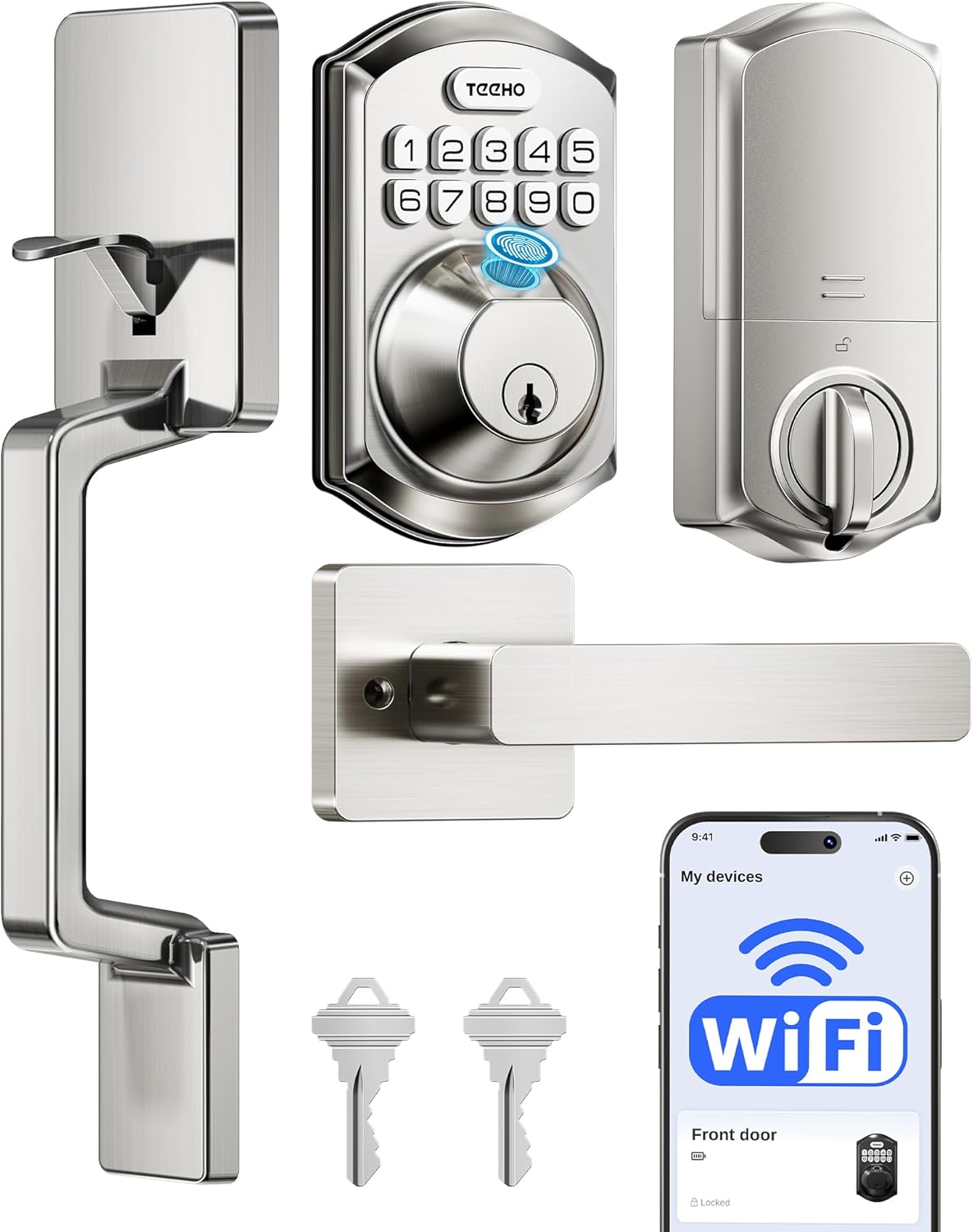 TEEHO TE012W-H WiFi Keypad Door Lock with Handle Set, Fingerprint Smart Locks, Front Door Keyless Entry, APP Remote & Voice Control, Digital Deadbolt with 2 Keys, Auto-Lock, Easy Install, Satin Nickel