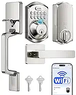 TEEHO TE012W-H WiFi Keypad Door Lock with Handle Set, Fingerprint Smart Locks, Front Door Keyless Entry, APP Remote & Voice Control, Digital Deadbolt with 2 Keys, Auto-Lock, Easy Install, Satin Nickel