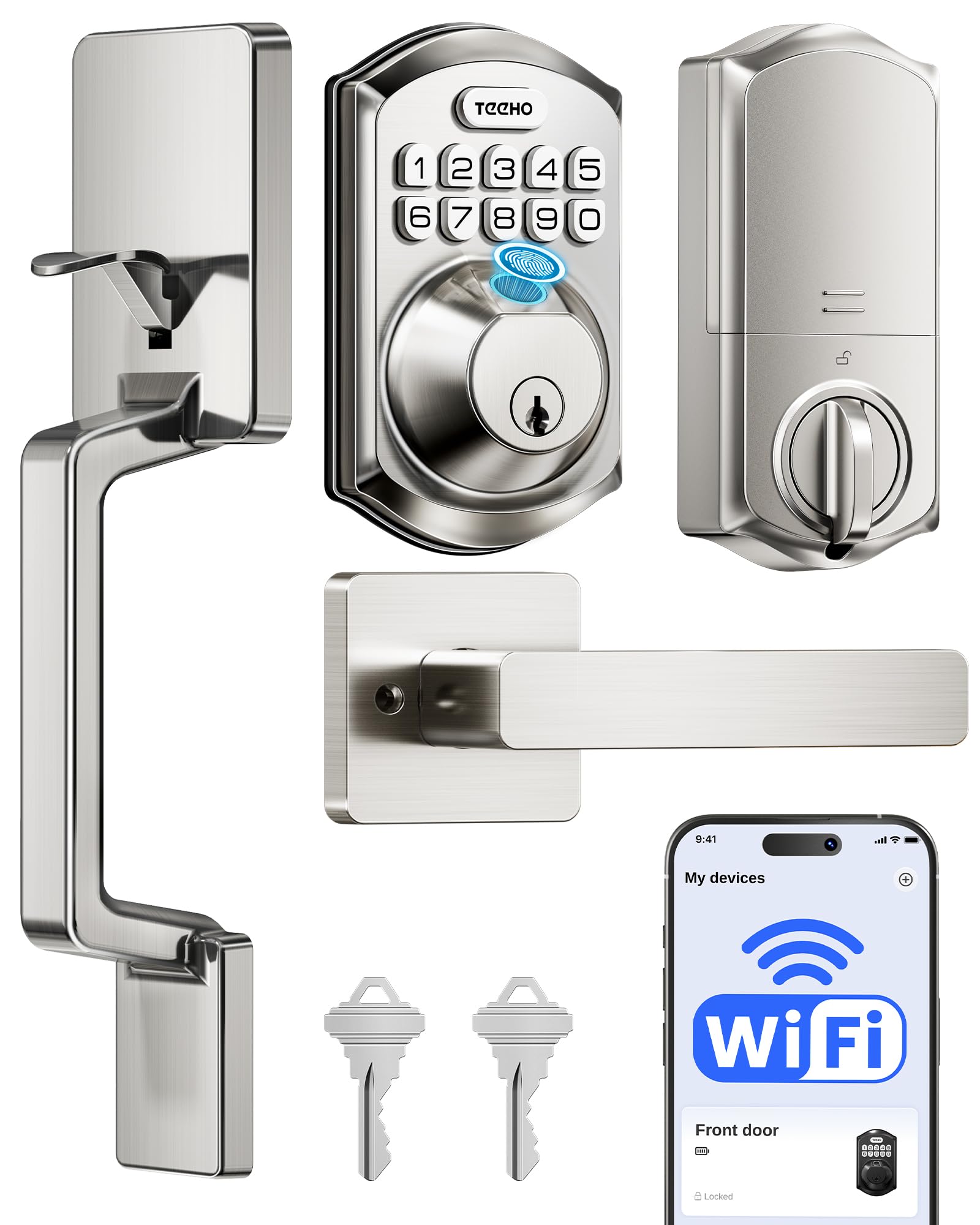 TEEHO TE012W-H WiFi Fingerprint Door Locks for Front Door, Satin Nickel with APP Remote Unlock, Fingerprint Unlock