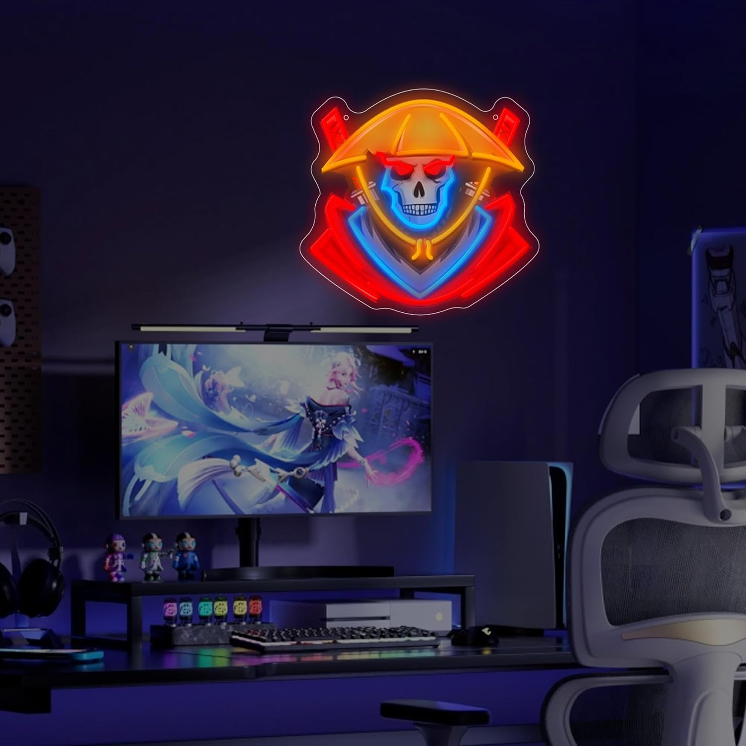 Samurai Skull Led Neon Sign Light Neon Sign Led Light Up Sign Pop Art With UV Printed background Room Wall Decor Man Gaming Room, Kids Room, Bar Decoration, Birthday Party Gifts