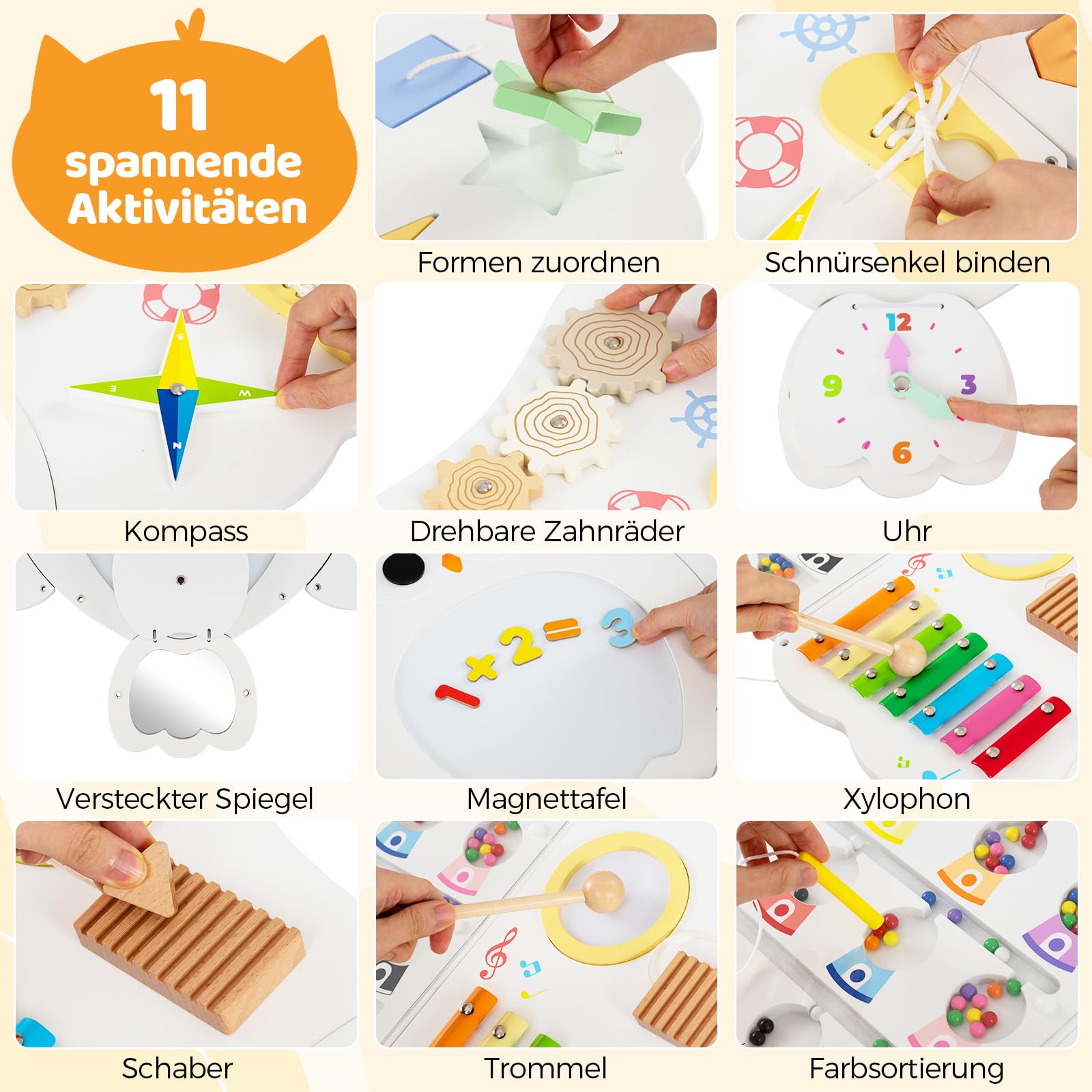 COSTWAY Montessori deska motoryczna, 11 w 1 Busy Board drewniana z tablicą magnetyczną i zegarem i ksylofonem, zabawka Montessori, deskorolka motoryczna dla dzieci od 1 roku życia