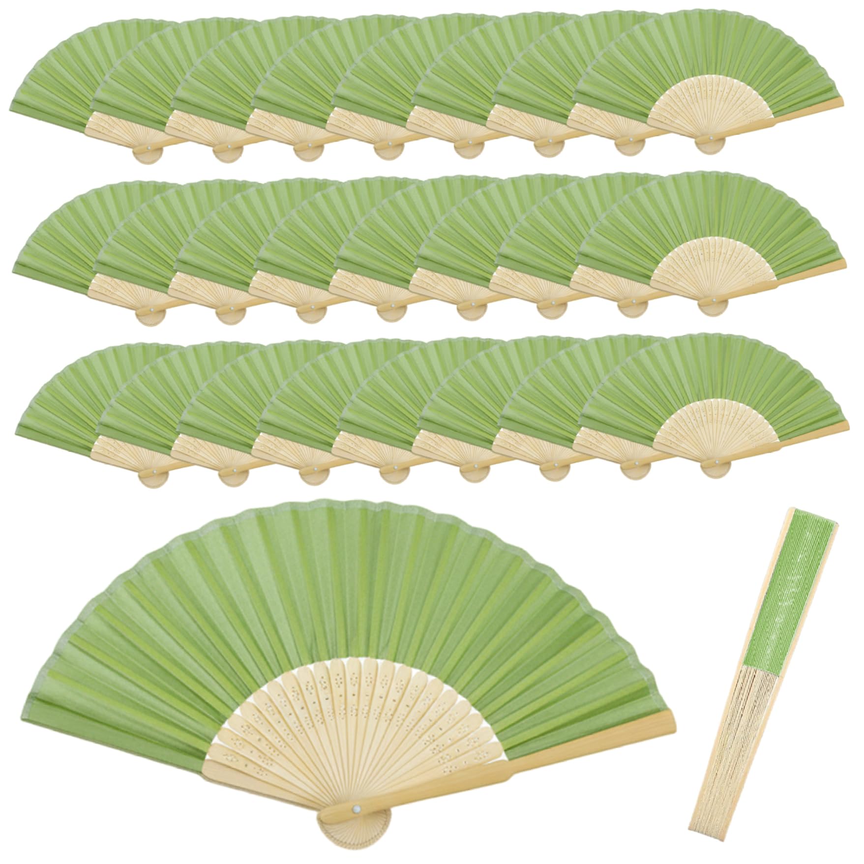 Uanqfegy Bamboo Hand Held Chinese Folding Fan, 25-Pack Wedding Fans for Guests with Silk Fabric, 8.3 Inch Traditional Foldable Hand Fan, Green