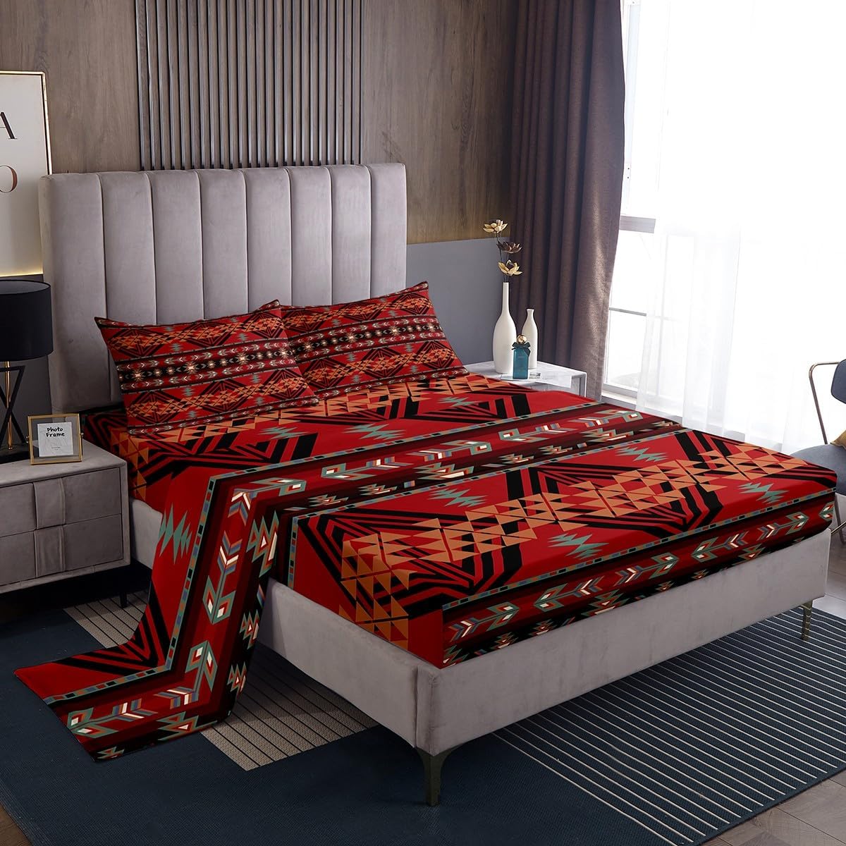 Feelyou Red Yellow Southwestern Bed Sheets Set Geometric Sheet Set Western Decor Tribal Native American Indian Style Sheets with Deep Pocket Fitted Sheet Queen Size Stripe Line Bedding Set 4Pcs