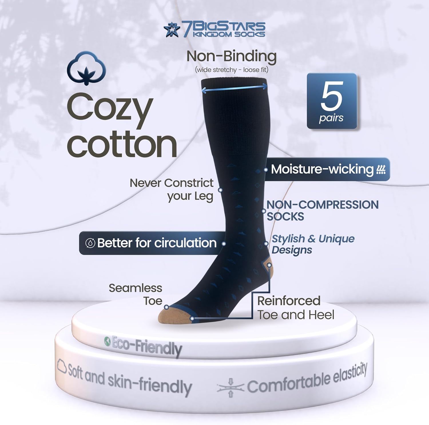 7BIGSTARS KINGDOM Men Diabetic Non-Binding Fashion Cotton Socks-5 Pack Large/XL - Image 3