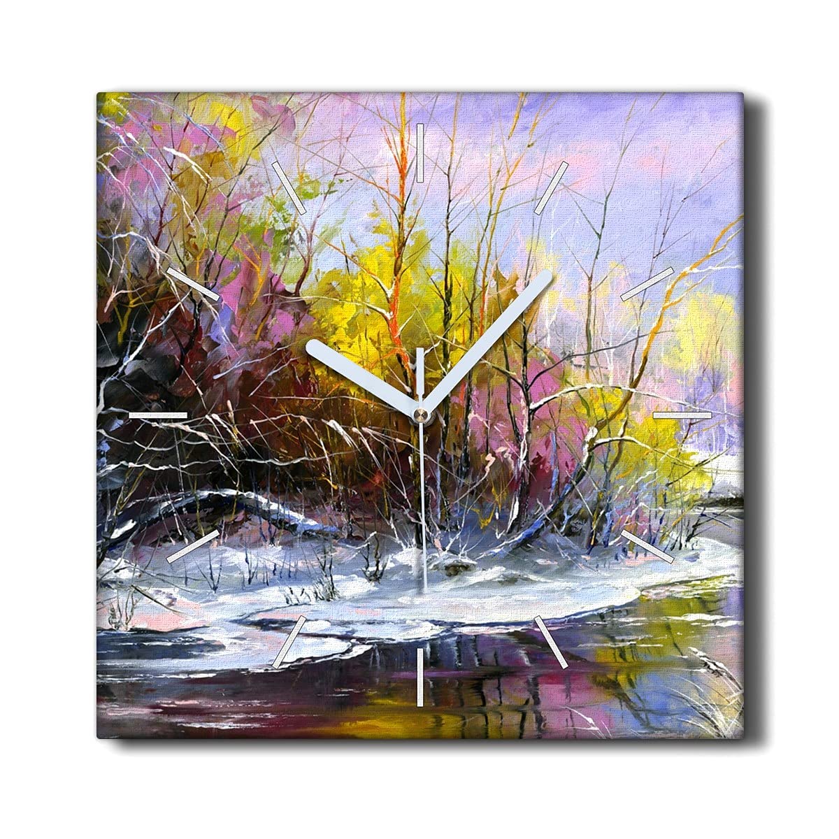 Horloge sur toile 30x30 cm faune rivière et arbre d'hiver sans tic-tac