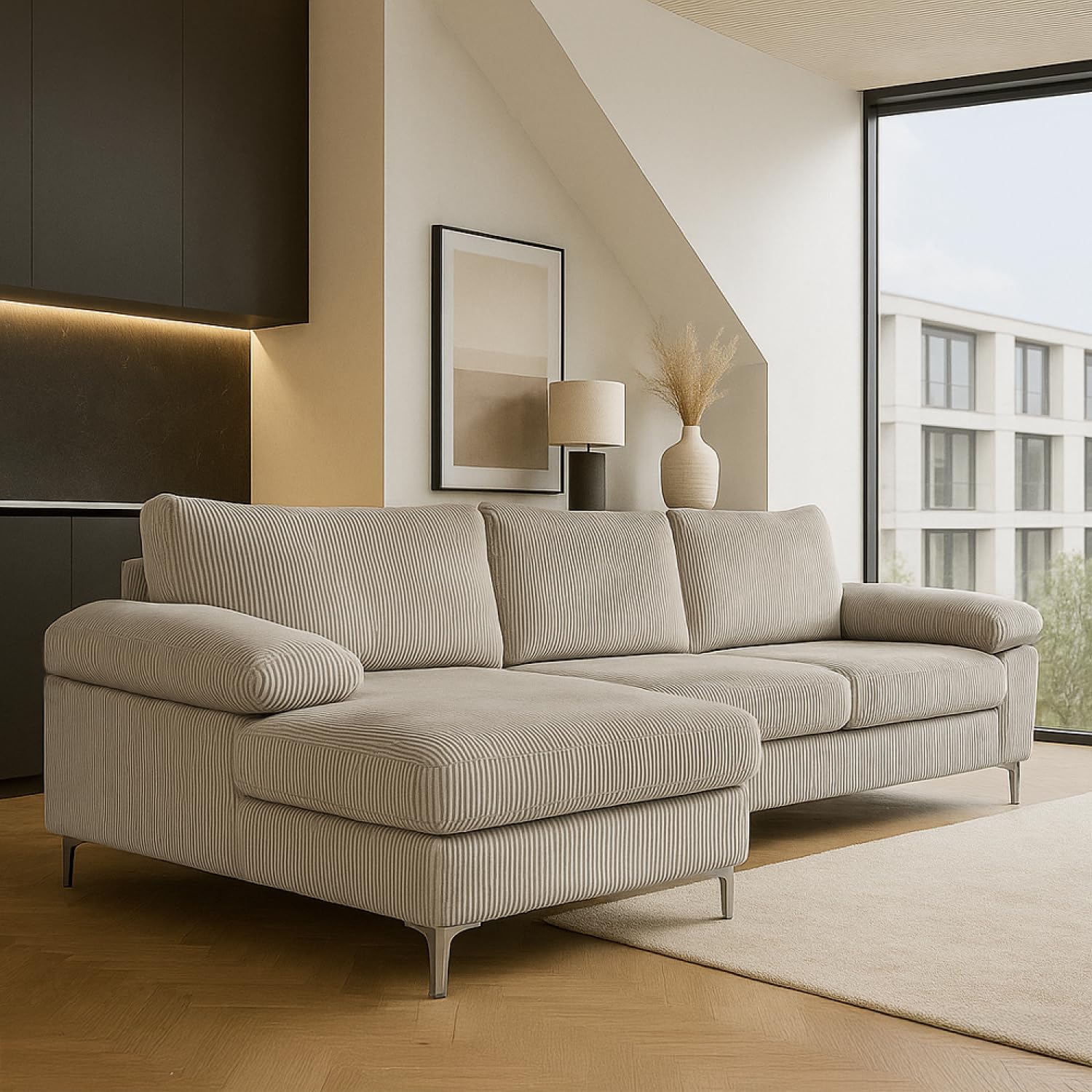 CONCEPT USINE Canapé d'angle Galway Velours Côtelé Beige Méridienne Gauche