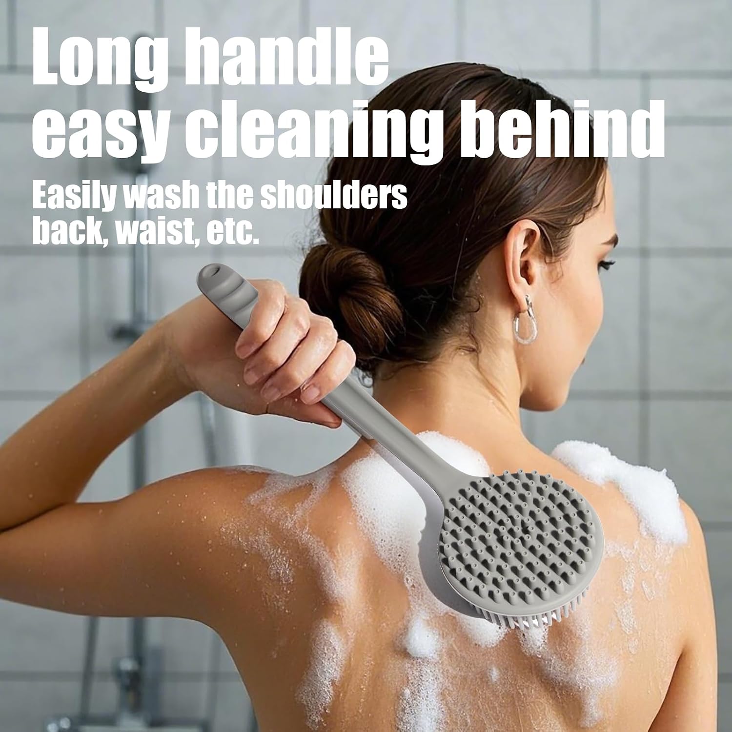 Silicone Back Scrubber for Shower Bath Body Brush with Long Handle (Gray)