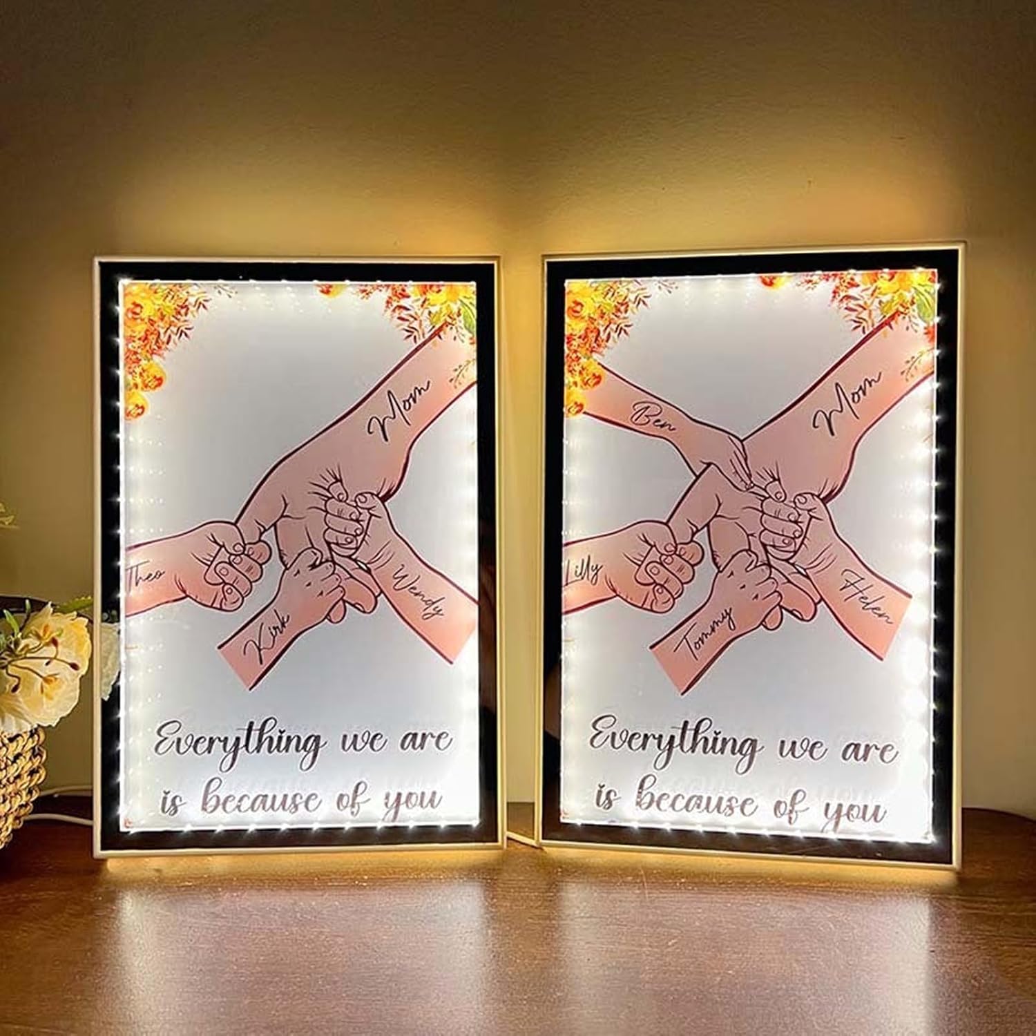 Personalized Mirror Lamp Mom Grandma Garden for Mother’s Day Custom Art LED Night Light Mothers and Children Holding Hands Birthday Gift (Large)