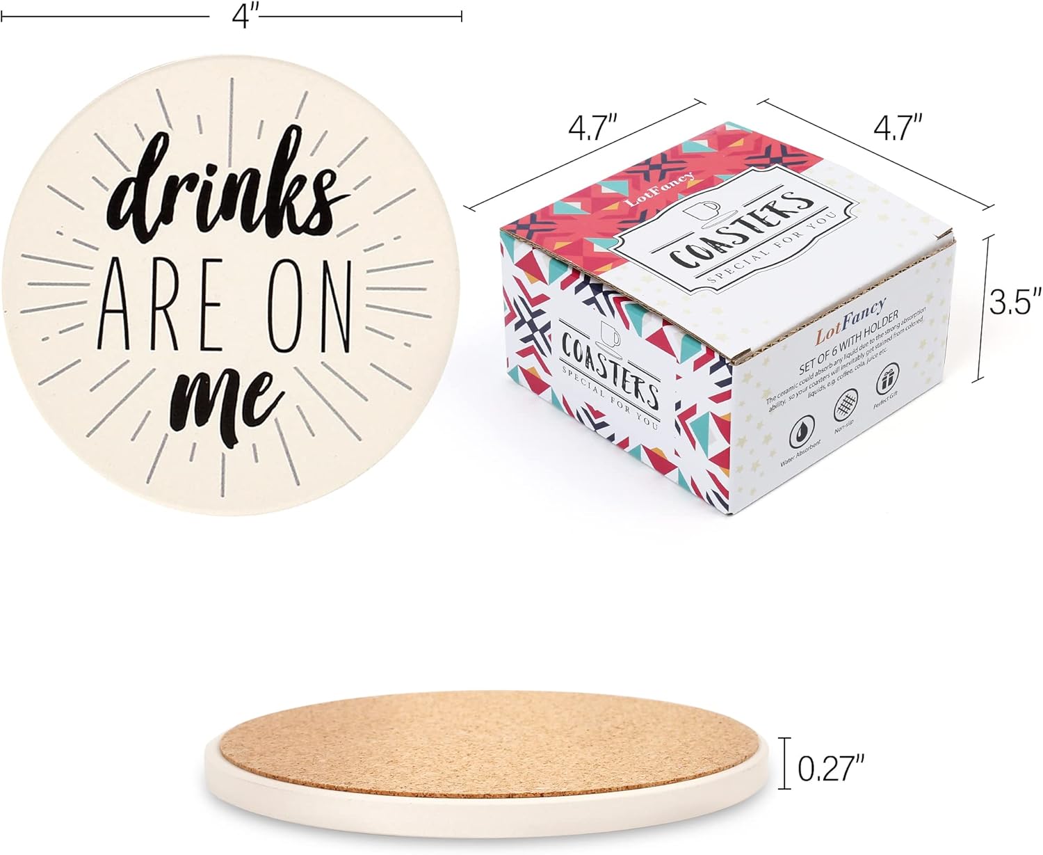 LotFancy 6PCS Ceramic Coasters with Cork Base, Round Coasters with 6 Humorous Sayings, Non-Slip, Bar Room Decor, Housewarming Gift - Image 2