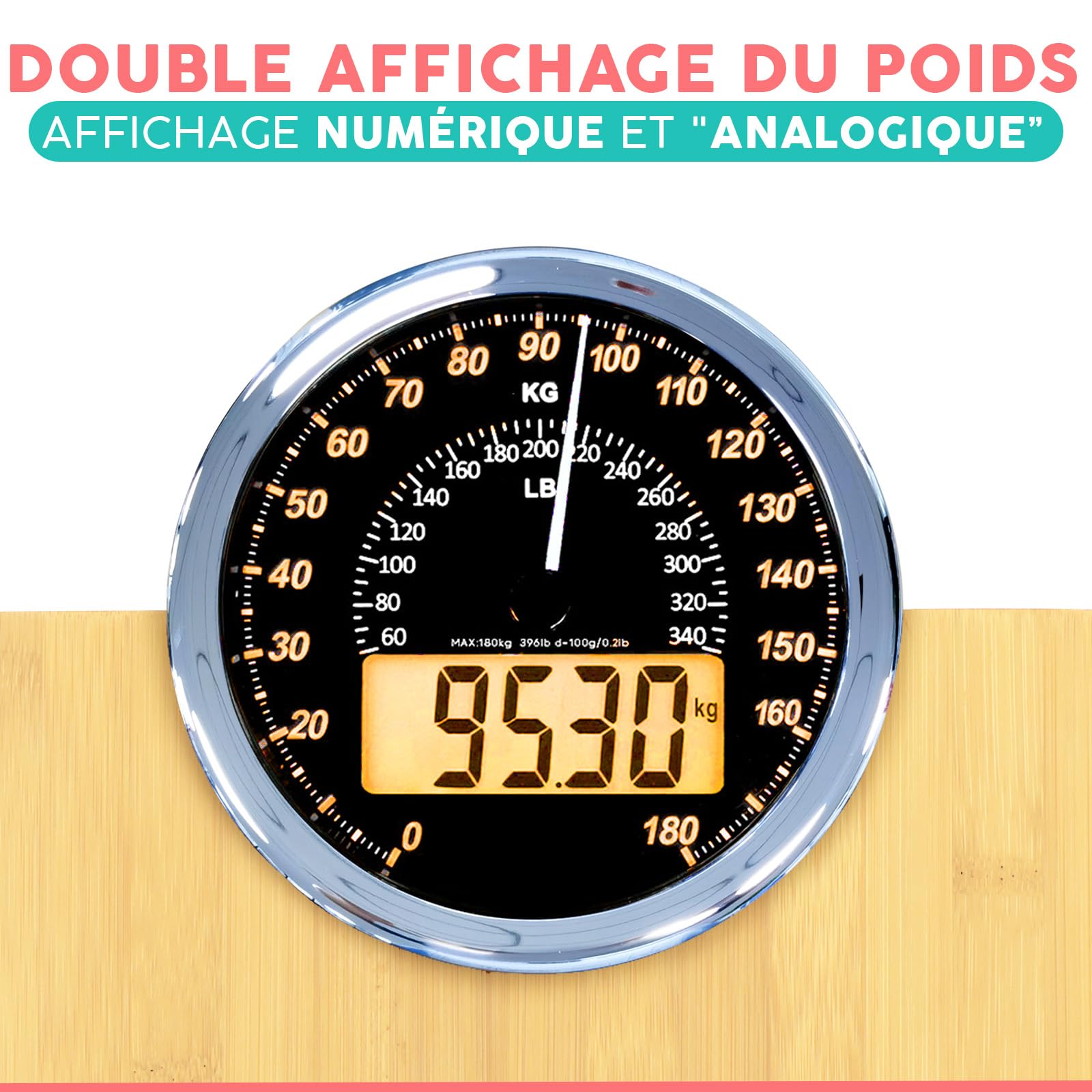 Hybrid Pèse-Personne - Analogique & Digital, Précis jusqu'à 180 kg | Lisez votre poids sur cadran analogique et LCD en même temps. Large plateau, 3 piles AAA incluses, prêt à l'emploi.